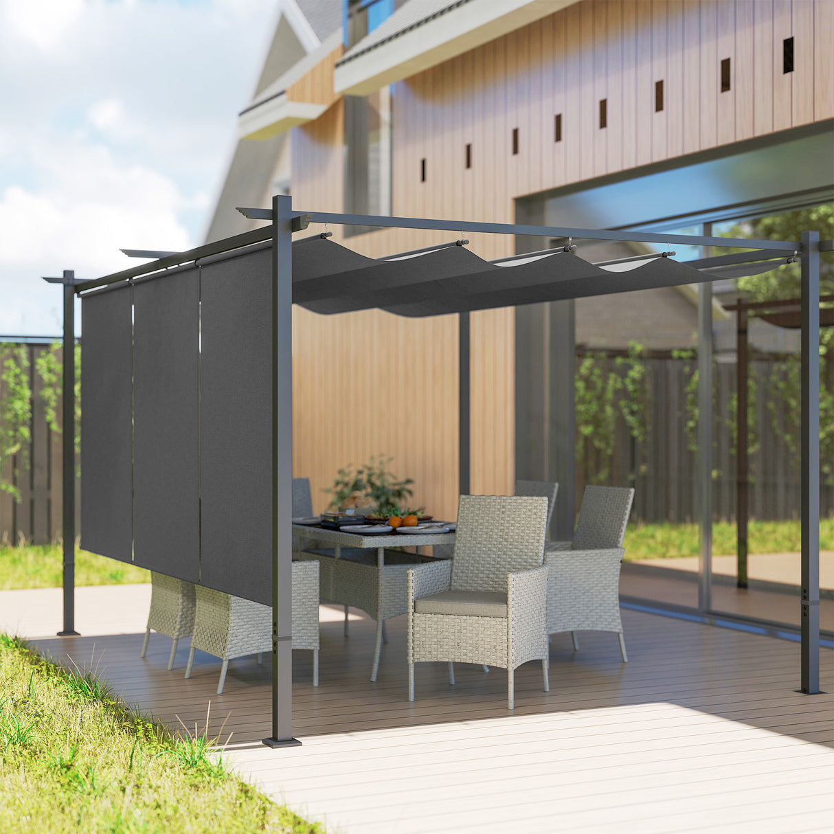 Metal Pergola With Retractable Roof 390cm Width x 293cm Depth - Velmora