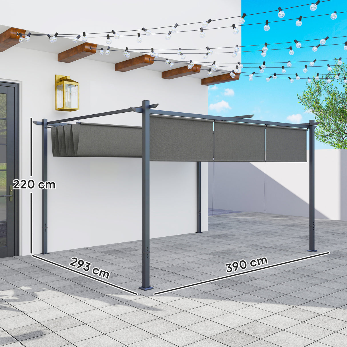Metal Pergola With Retractable Roof 390cm Width x 293cm Depth - Velmora