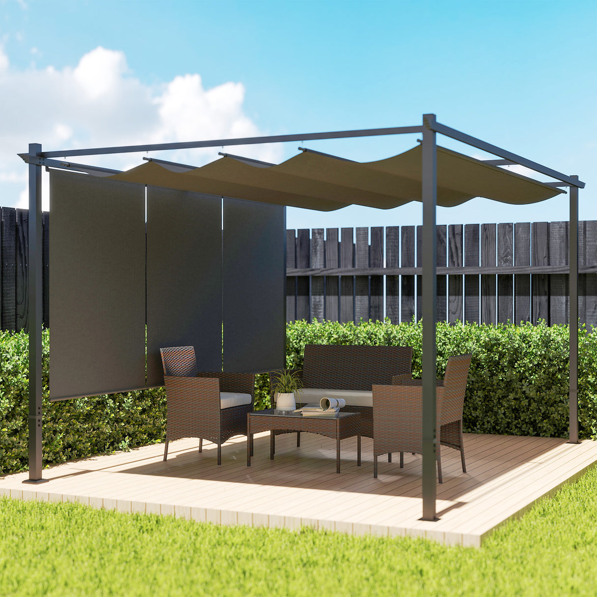 Metal Pergola With Retractable Roof 390cm Width x 293cm Depth - Velmora