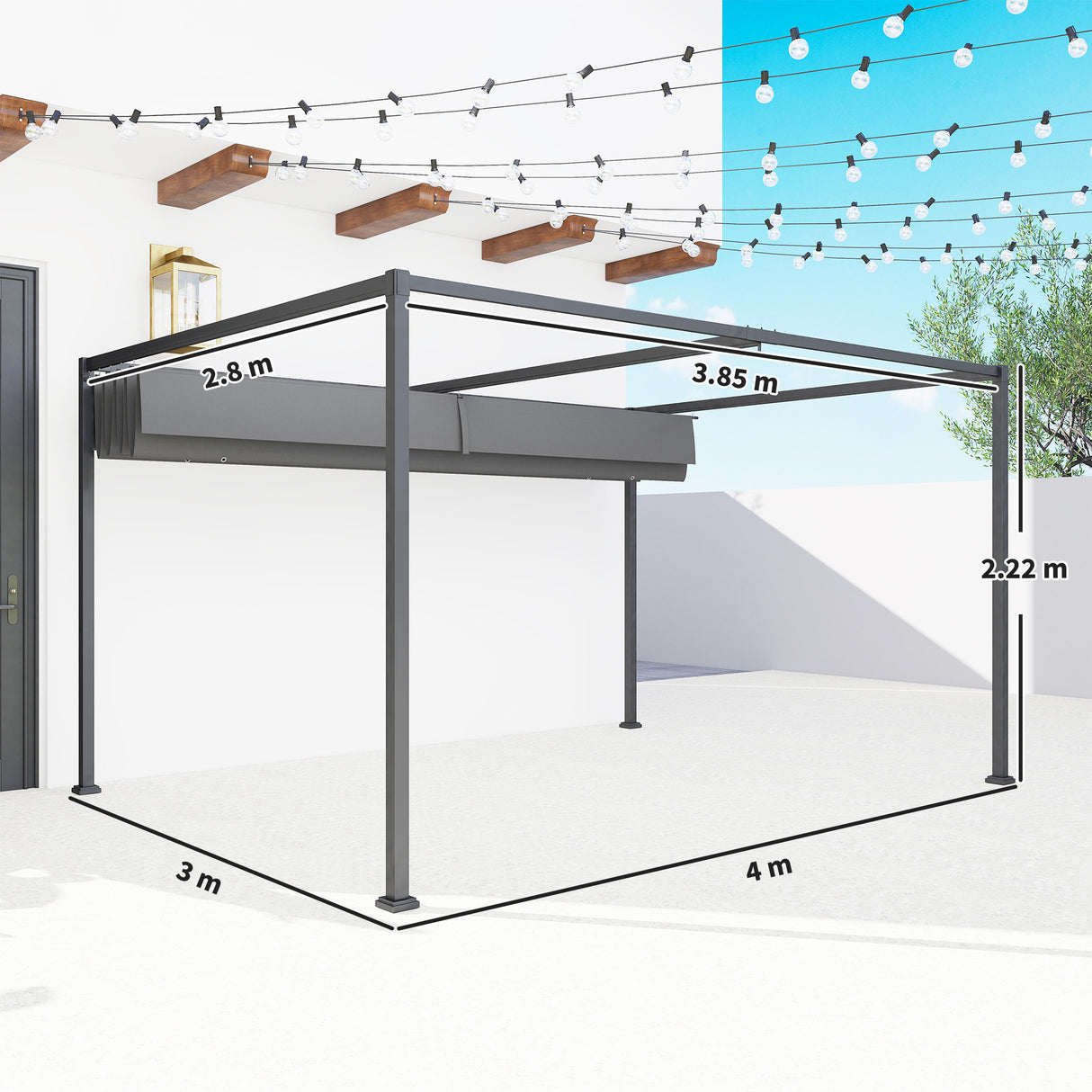 Metal Pergola With Retractable Roof 400cm Width x 300cm Depth - Velmora