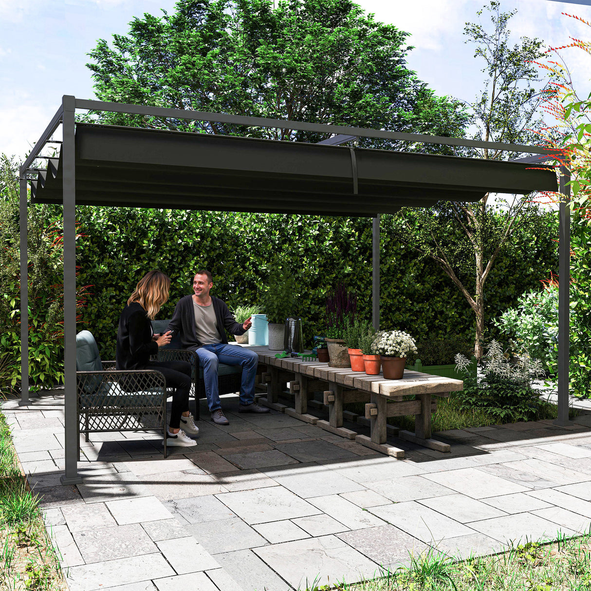 Metal Pergola With Retractable Roof 400cm Width x 300cm Depth - Velmora