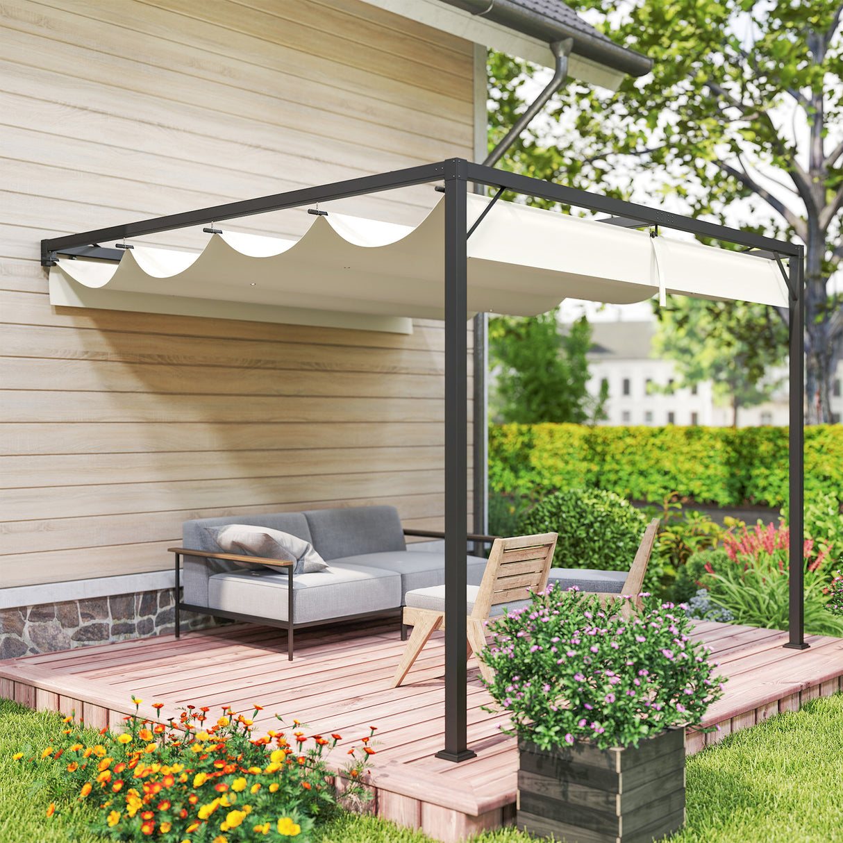 Metal Pergola With Sliding Canopy 297cm Width x 297cm Depth - Velmora