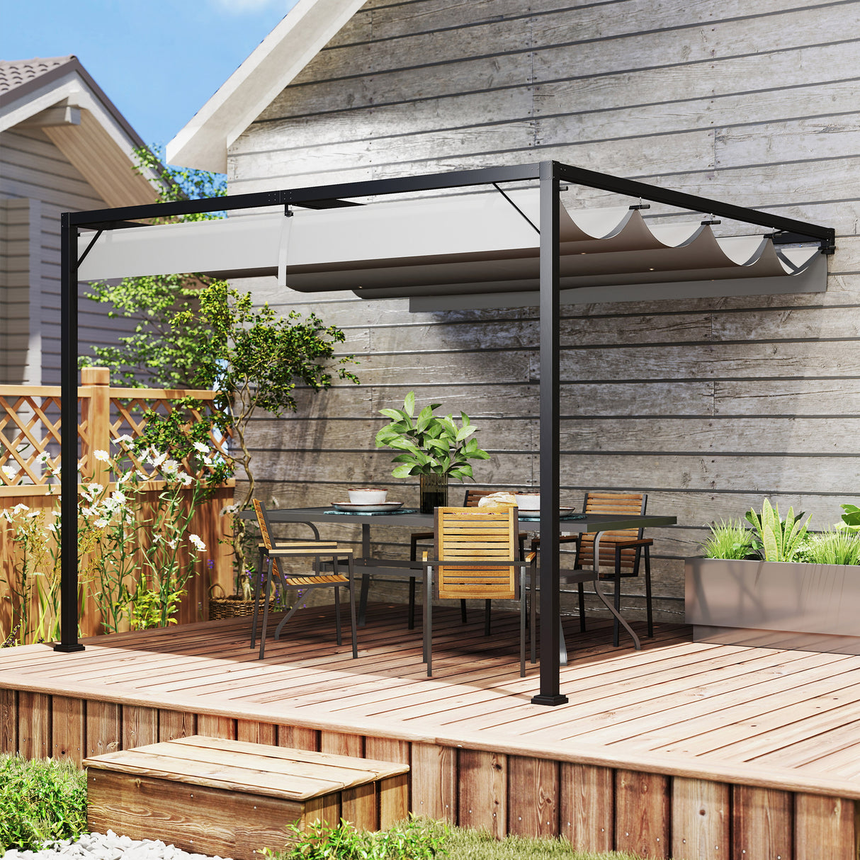Metal Pergola With Sliding Canopy 297cm Width x 297cm Depth - Velmora