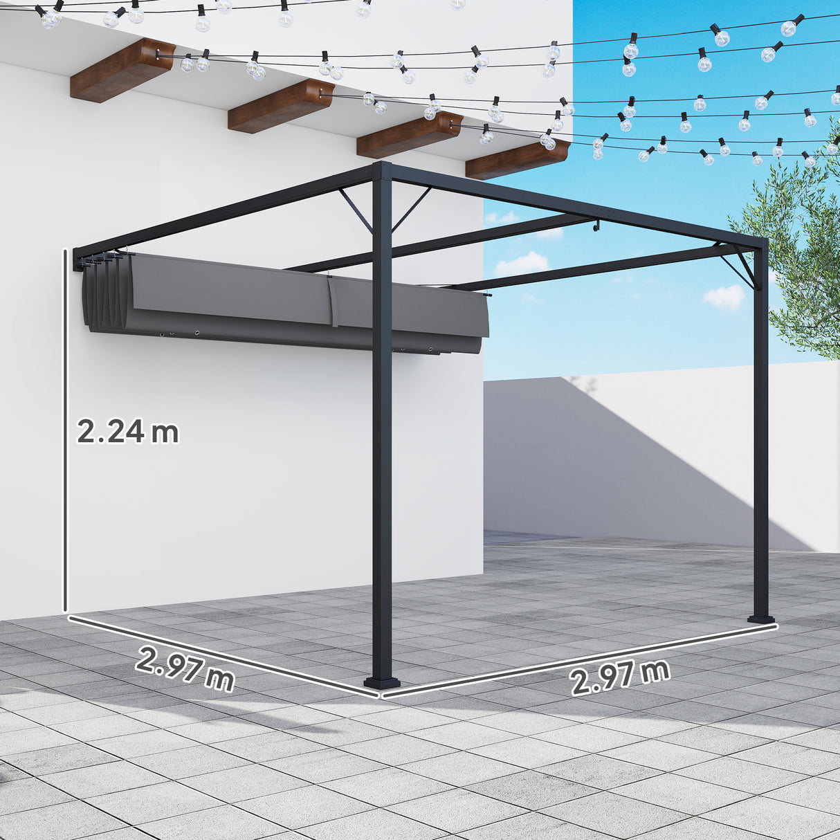 Metal Pergola With Sliding Canopy 297cm Width x 297cm Depth - Velmora