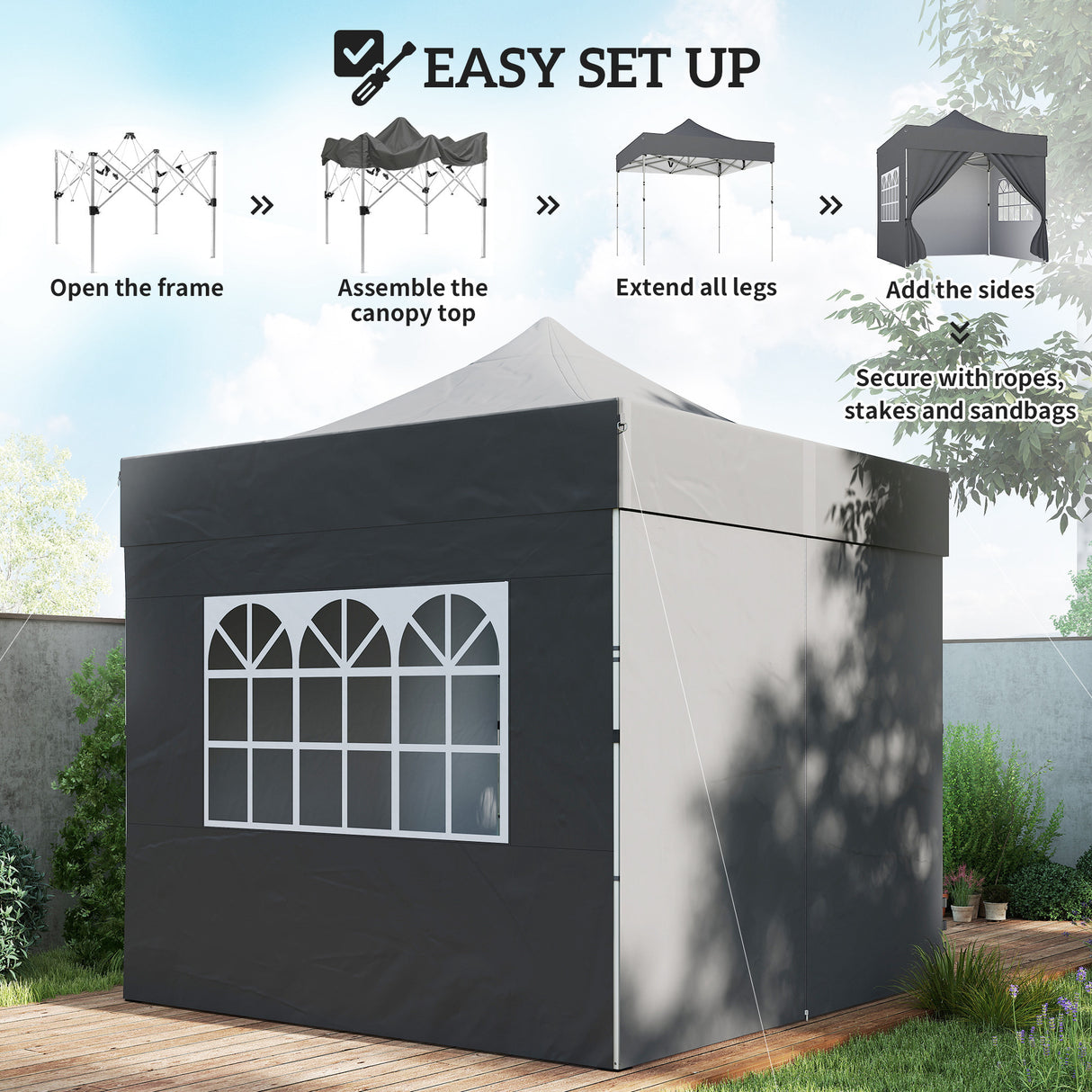Metal Pop Up Gazebo 300cm Width x 300cm Depth With Sidewalls - Velmora