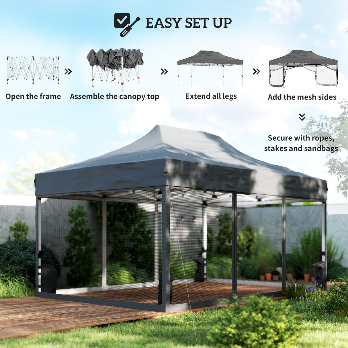 Metal Pop Up Gazebo 450cm Width x 300cm Depth With UPF50+ Heavy Duty - Velmora
