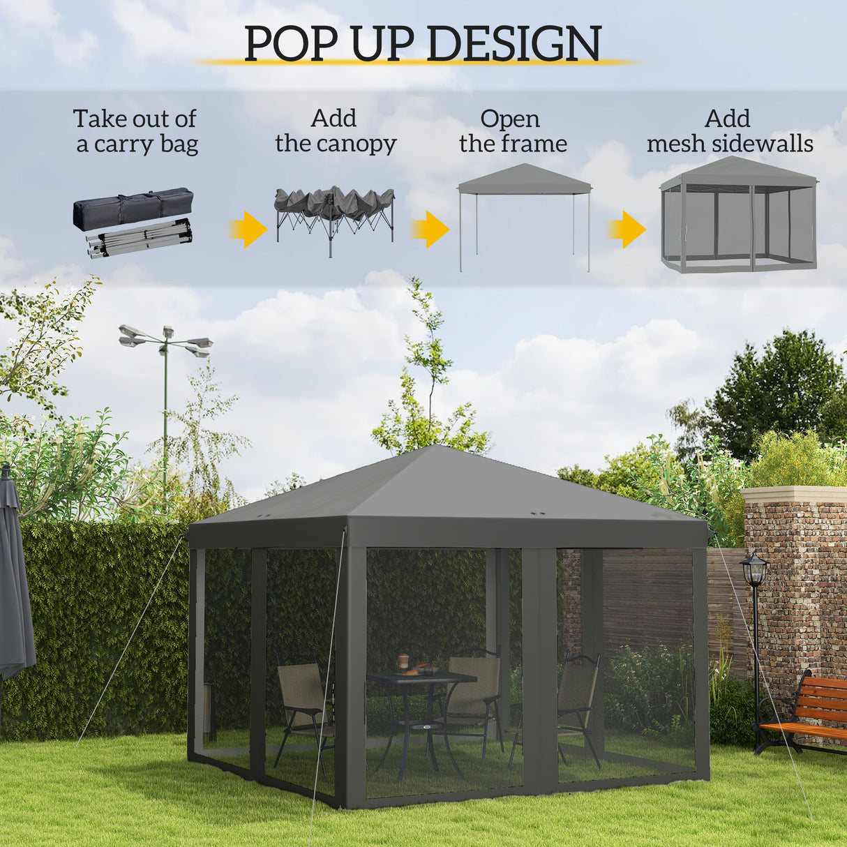 Metal Pop Up Gazebo Garden Tent Canopy 295cm Width x 295 Depth - Velmora