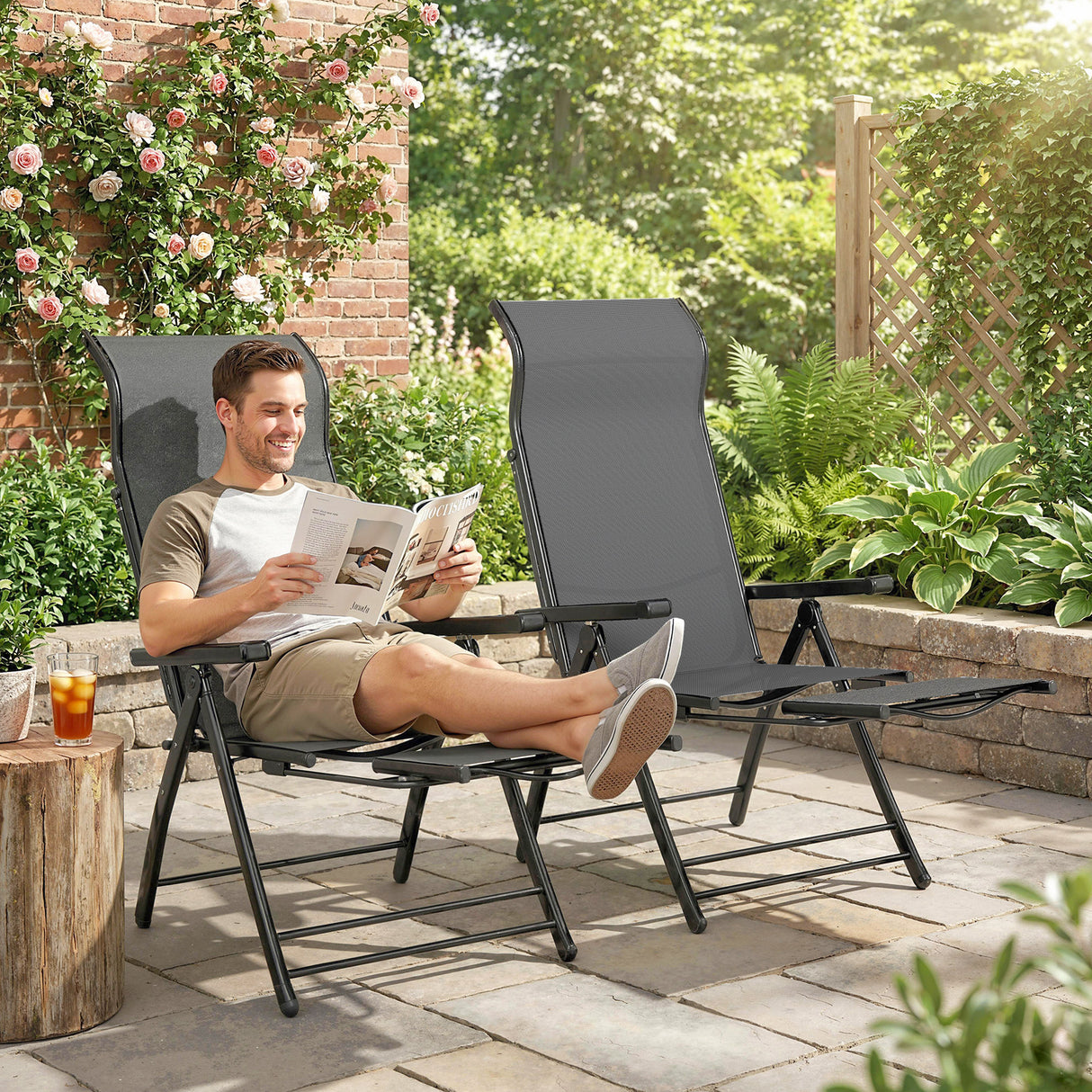 Metal Reclining Garden Sun Lounger Chairs in Set of 2 With High Back - Velmora