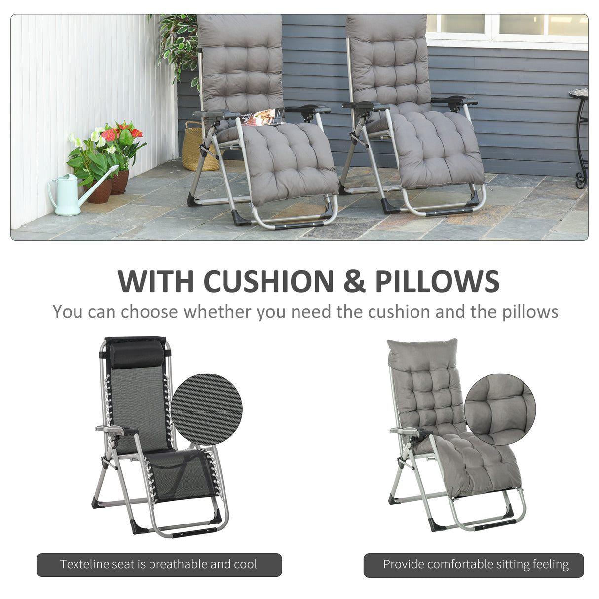 Metal Reclining Zero Gravity Garden Sun Loungers In Set of 2 With Cushions - Velmora