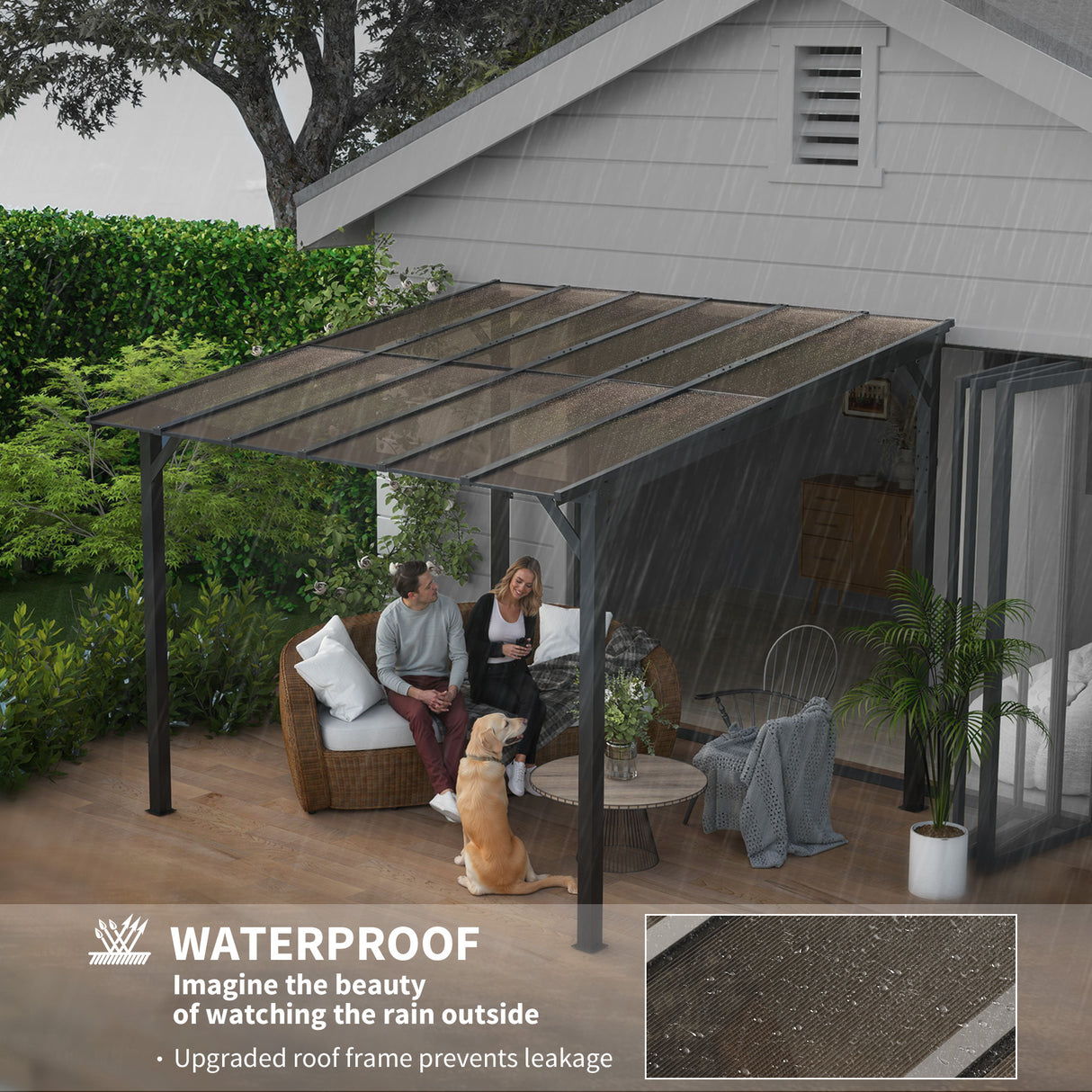 Metal Retractable Pergola Waterproof Polycarbonate Roof 306cm Width x 294cm Depth - Velmora