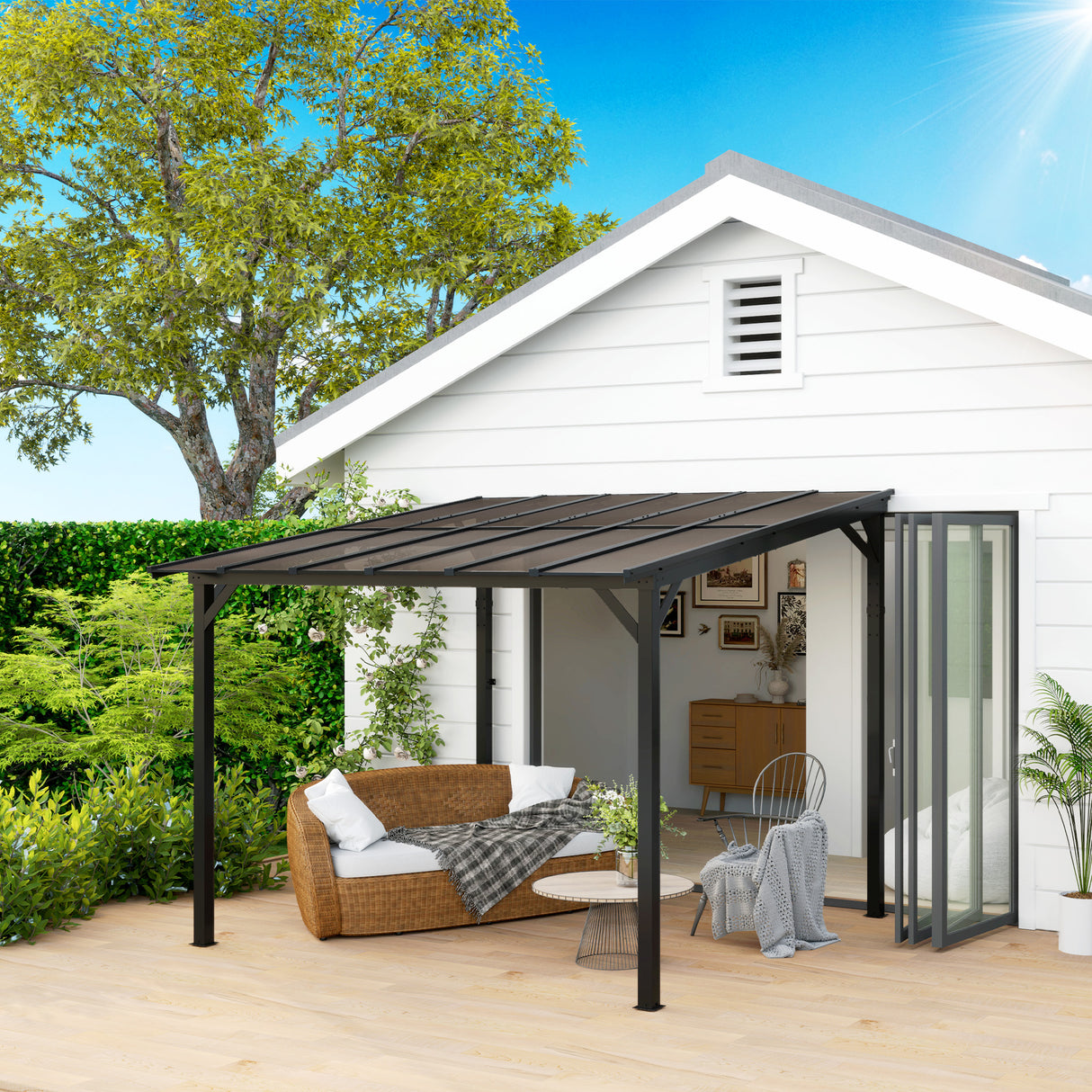 Metal Retractable Pergola Waterproof Polycarbonate Roof 306cm Width x 294cm Depth - Velmora