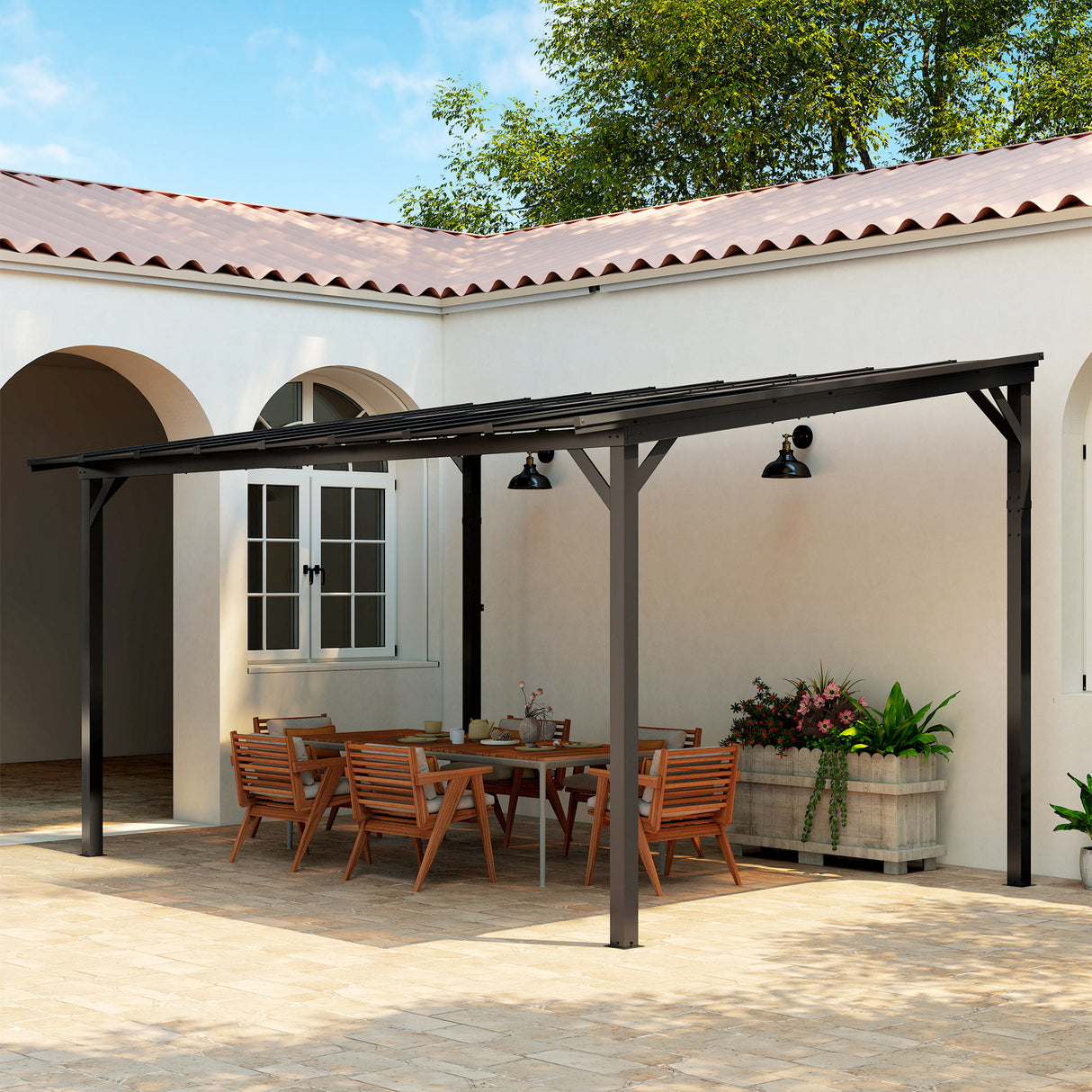 Metal Retractable Pergola Waterproof Polycarbonate Roof 428cm Width x 294cm Depth - Velmora