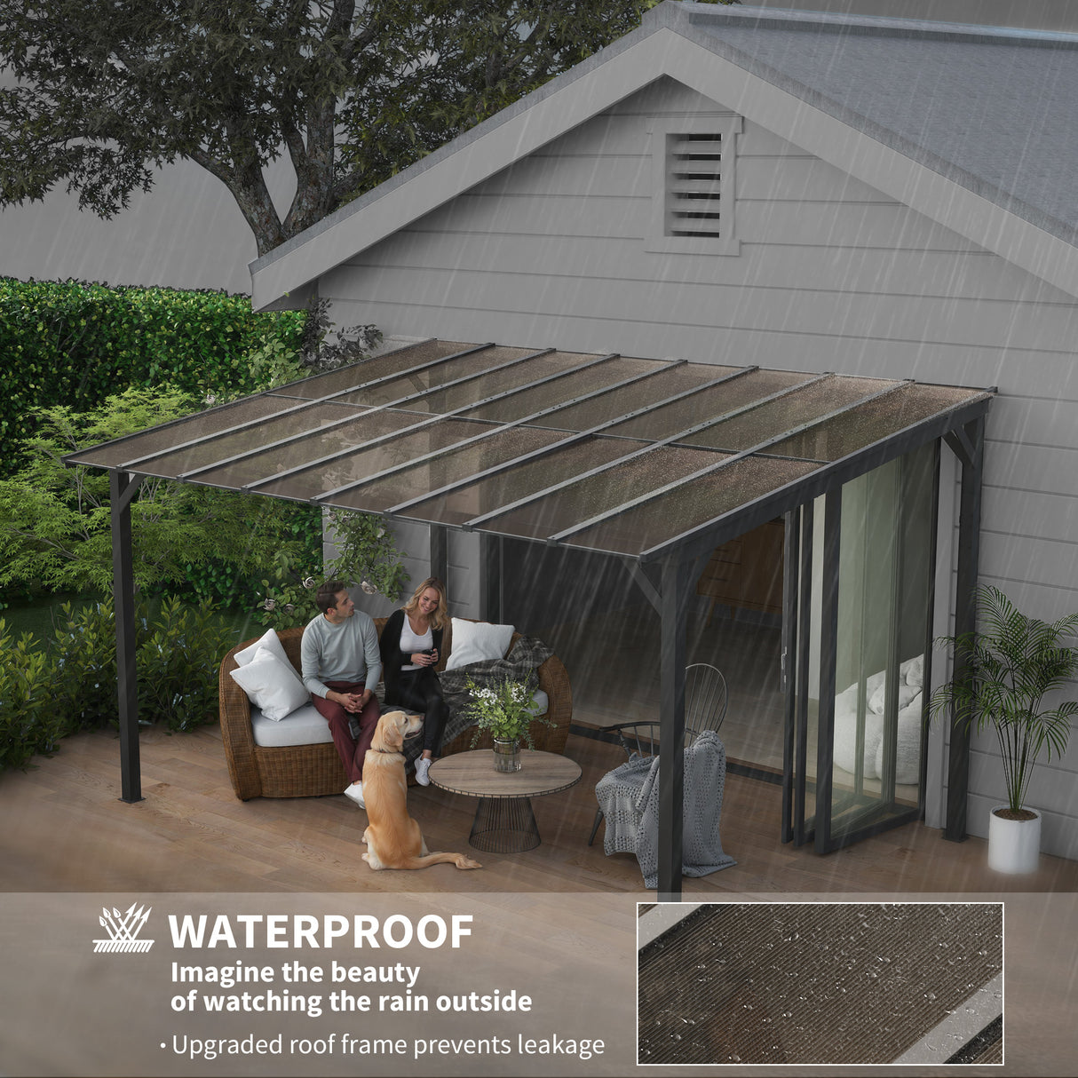 Metal Retractable Pergola Waterproof Polycarbonate Roof 428cm Width x 294cm Depth - Velmora