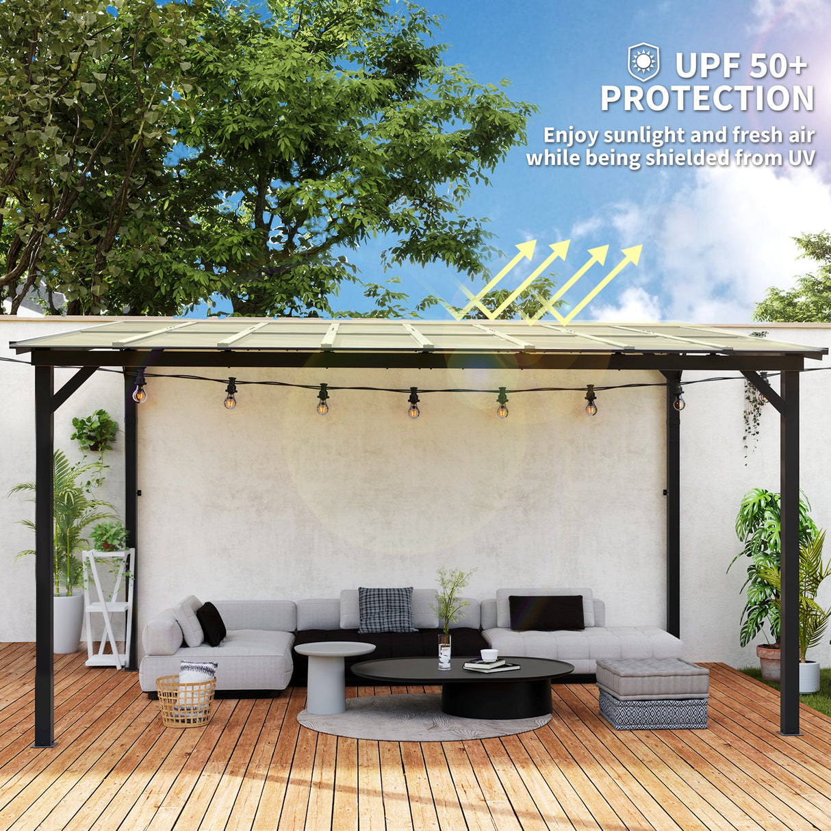 Metal Retractable Pergola Waterproof Polycarbonate Roof 428cm Width x 294cm Depth - Velmora