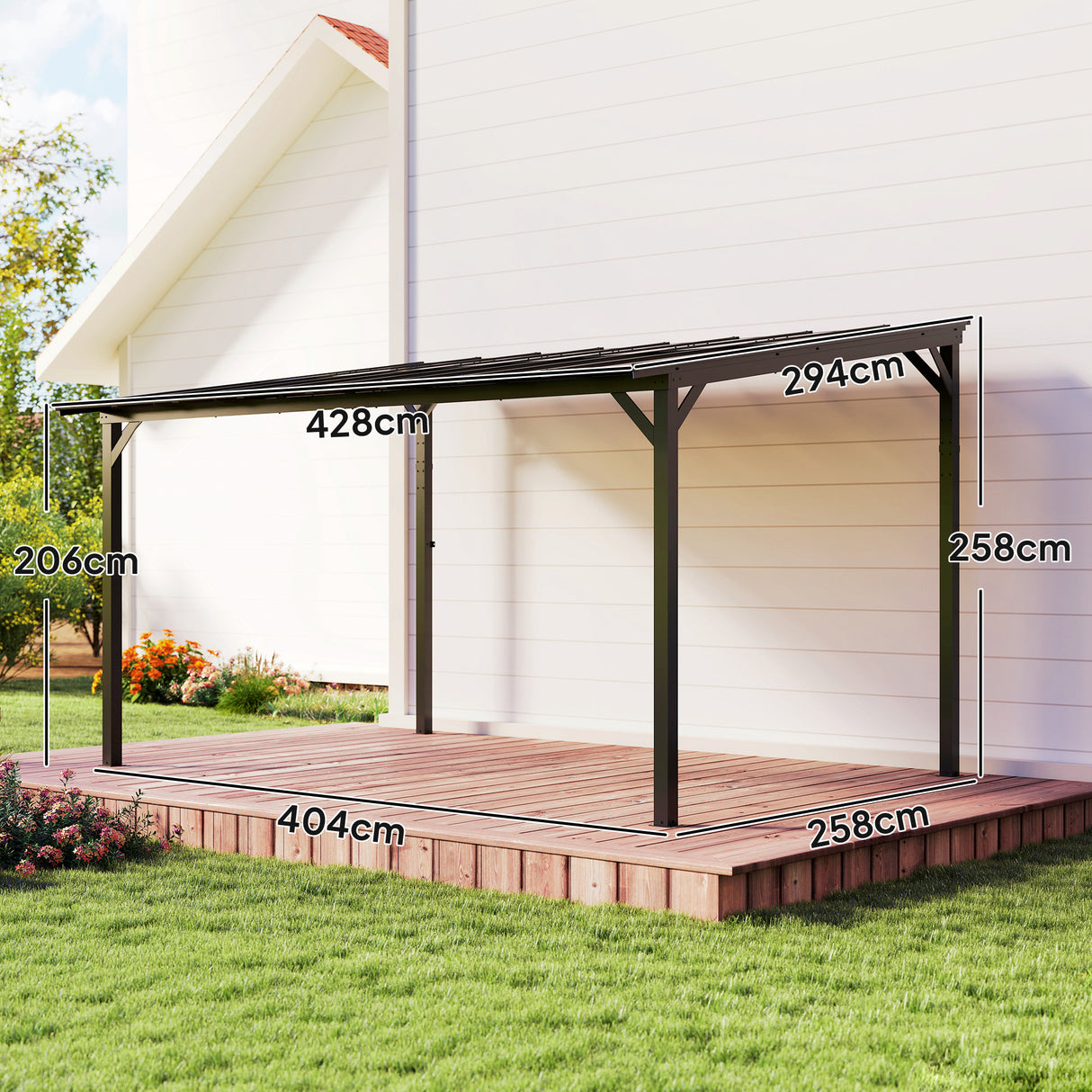 Metal Retractable Pergola Waterproof Polycarbonate Roof 428cm Width x 294cm Depth - Velmora