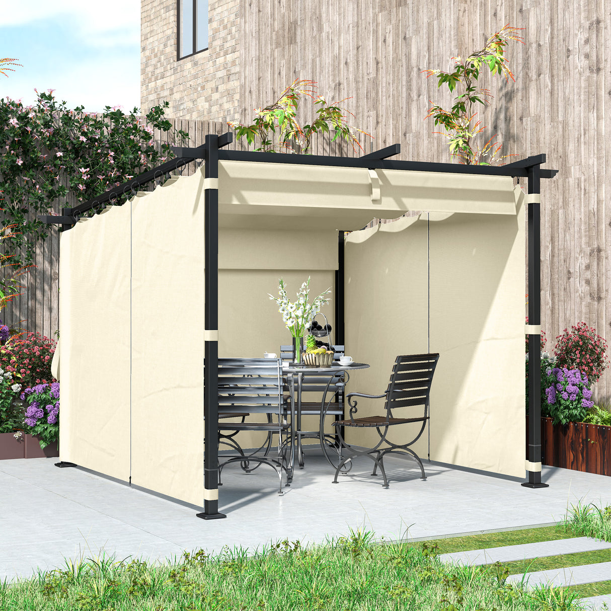 Metal Retractable Roof Pergola With Curtains 297cm Width x 295cm Depth - Velmora