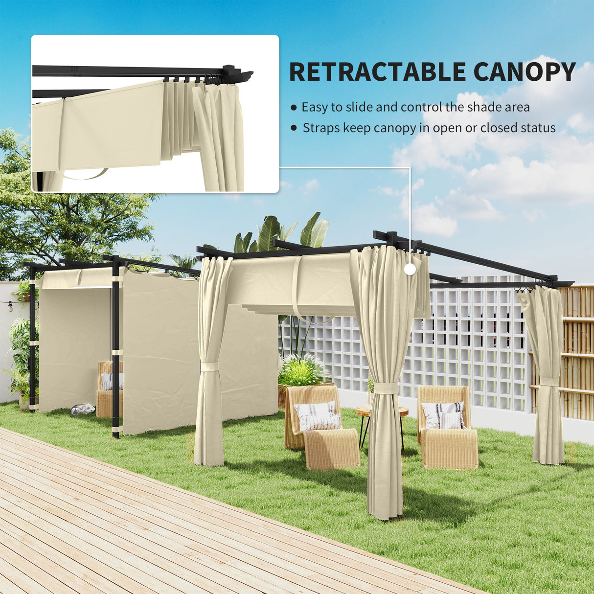 Metal Retractable Roof Pergola With Curtains 297cm Width x 295cm Depth - Velmora