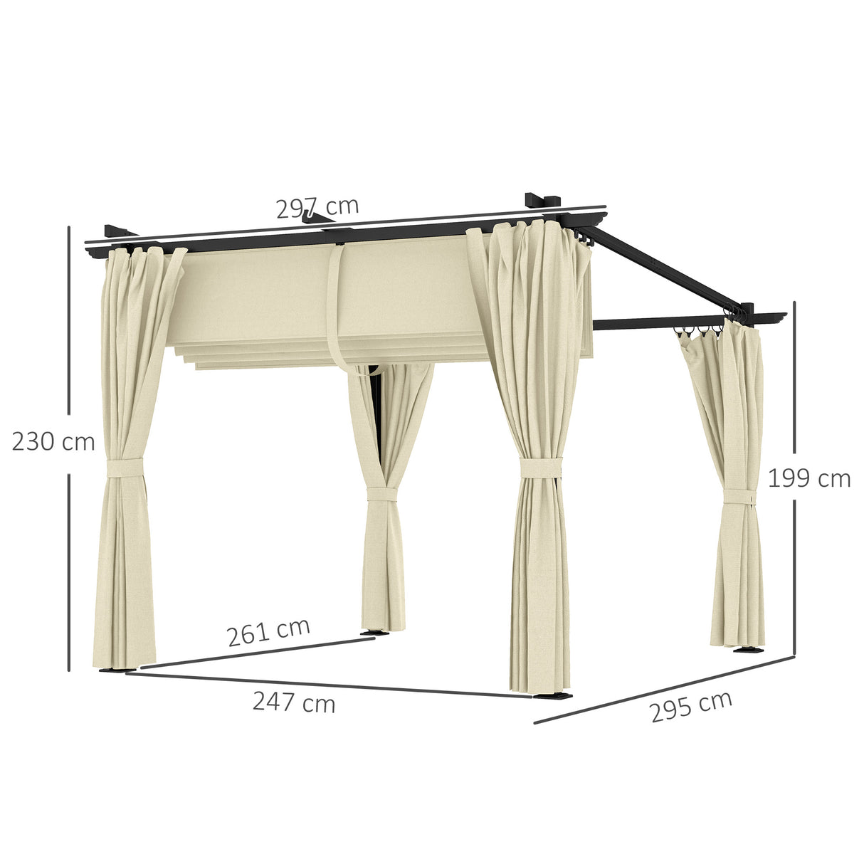 Metal Retractable Roof Pergola With Curtains 297cm Width x 295cm Depth - Velmora