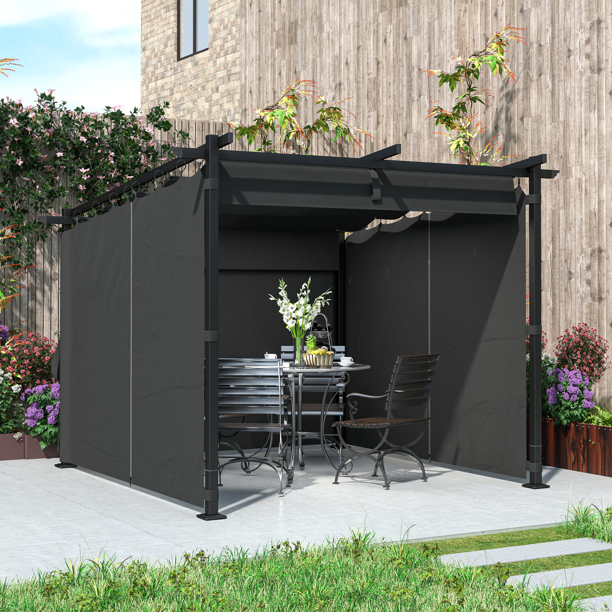 Metal Retractable Roof Pergola With Curtains 297cm Width x 295cm Depth - Velmora