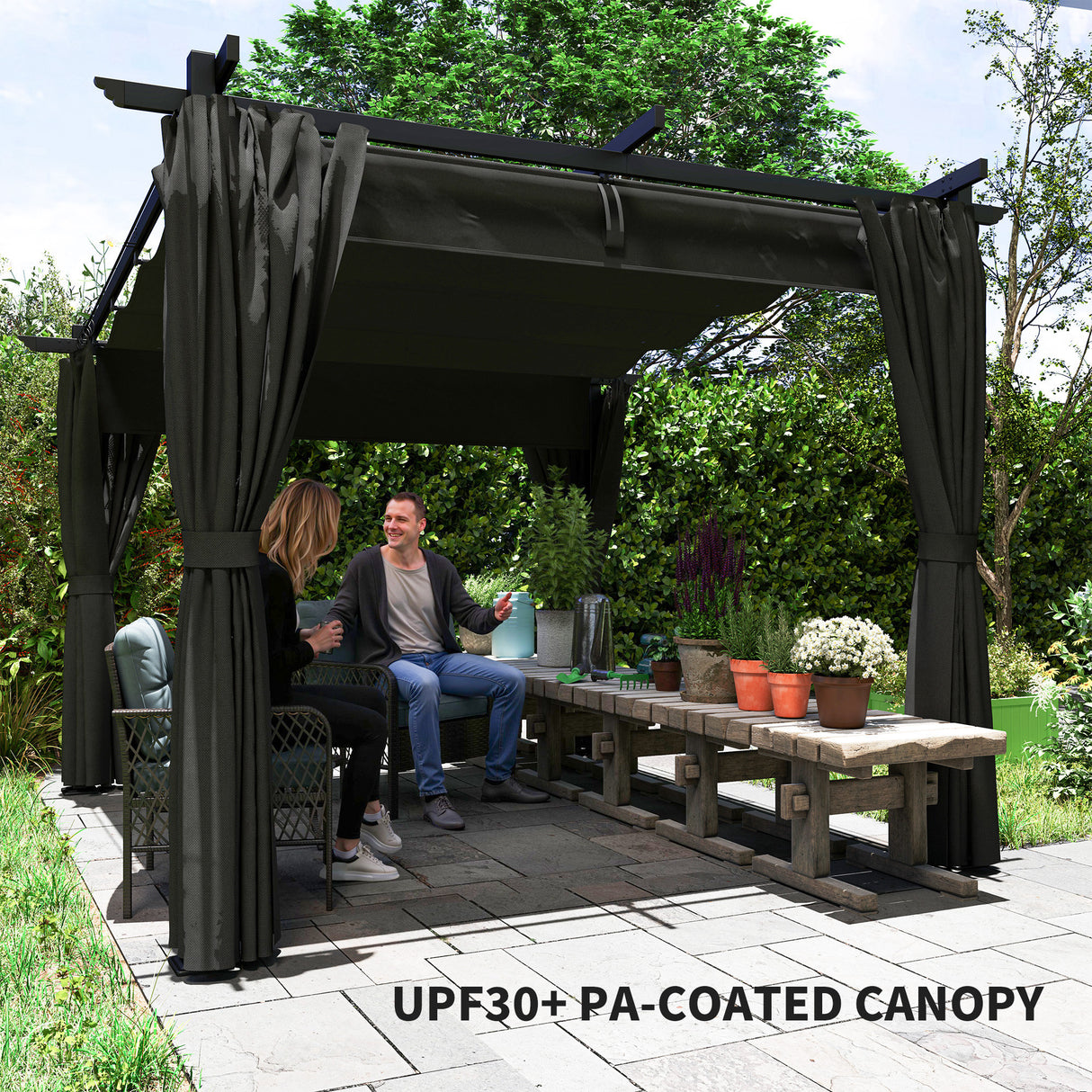 Metal Retractable Roof Pergola With Curtains 297cm Width x 295cm Depth - Velmora