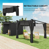 Metal Retractable Roof Pergola With Curtains 297cm Width x 295cm Depth - Velmora