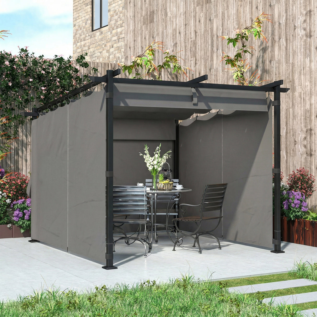 Metal Retractable Roof Pergola With Curtains 297cm Width x 295cm Depth - Velmora