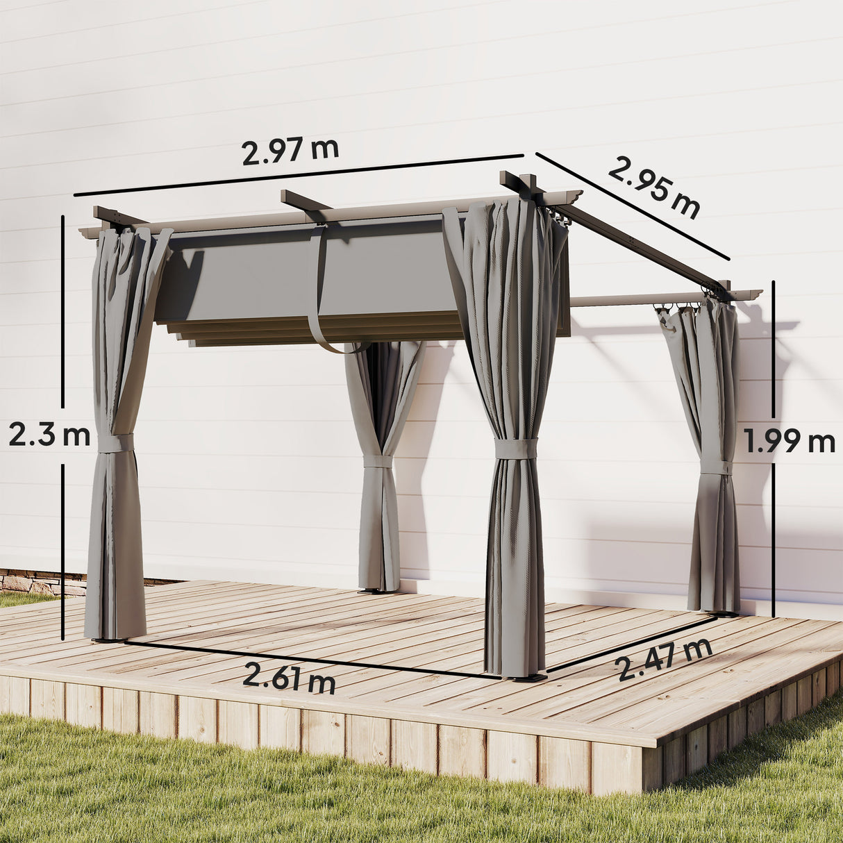 Metal Retractable Roof Pergola With Curtains 297cm Width x 295cm Depth - Velmora