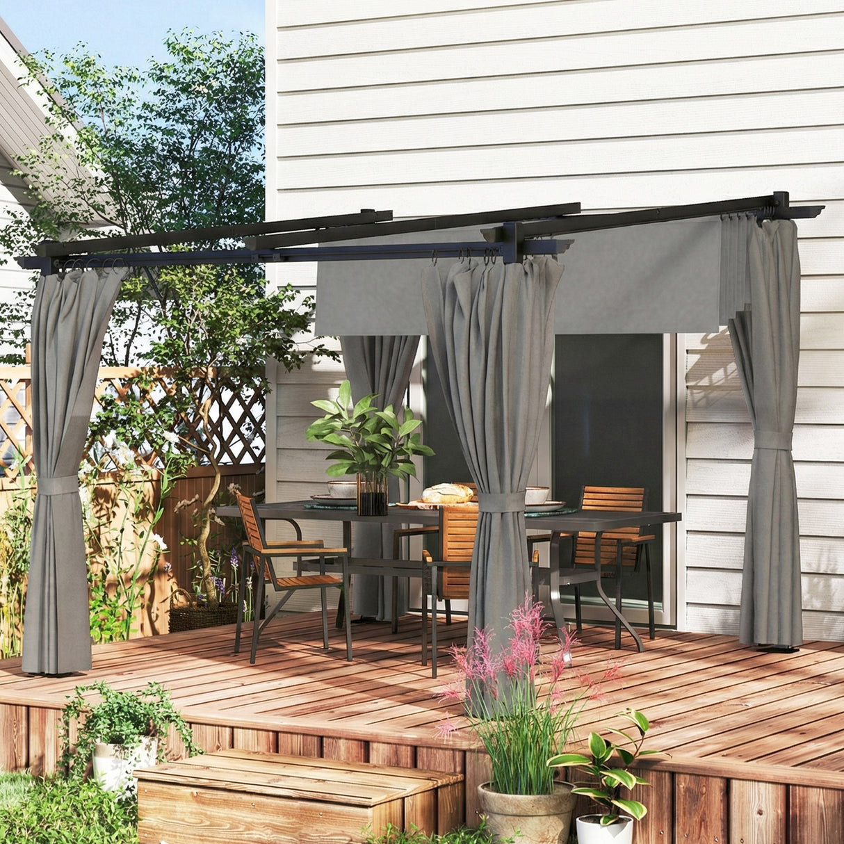 Metal Retractable Roof Pergola With Curtains 297cm Width x 295cm Depth - Velmora