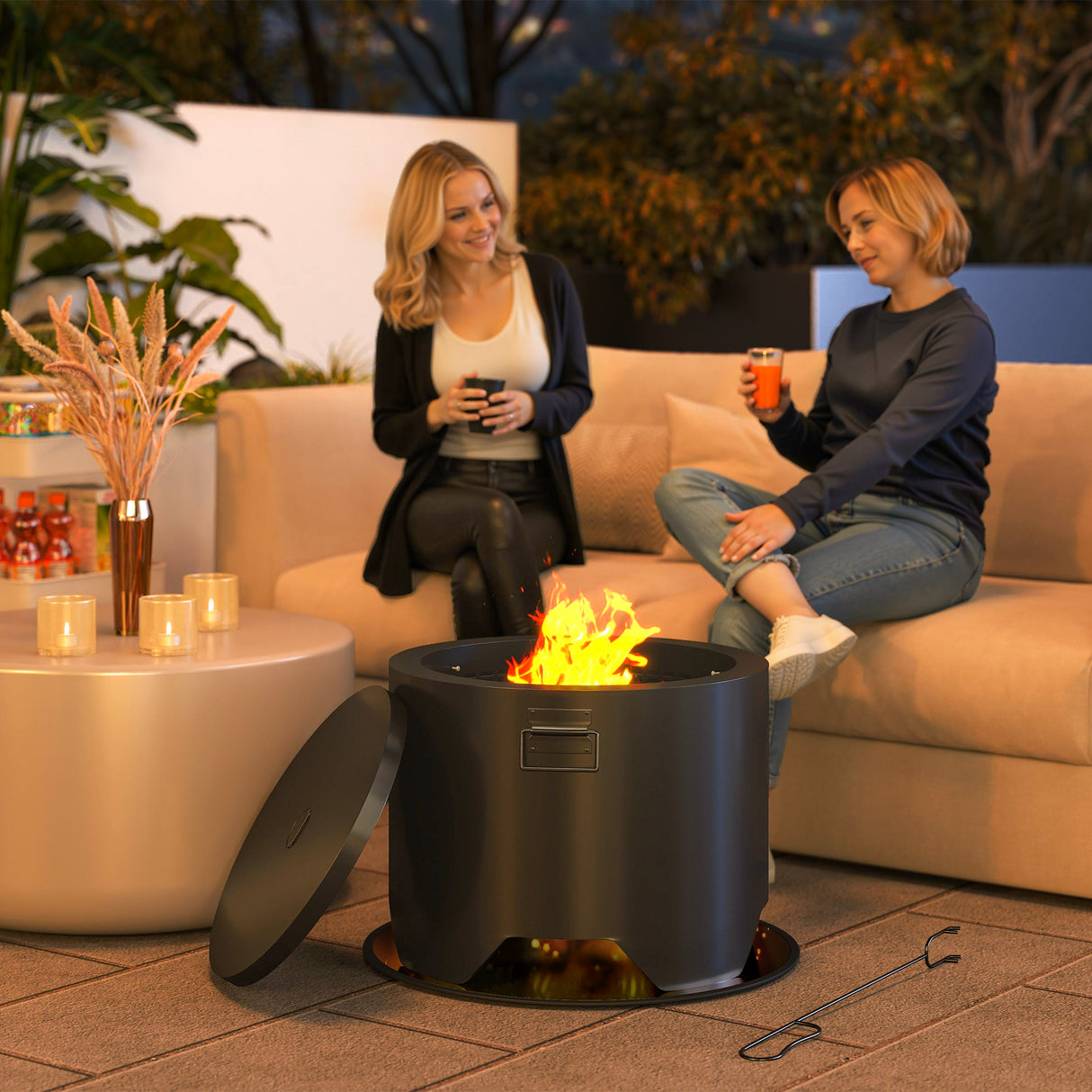 Metal Round Fire Pit With Lid And Fire Poker - Velmora