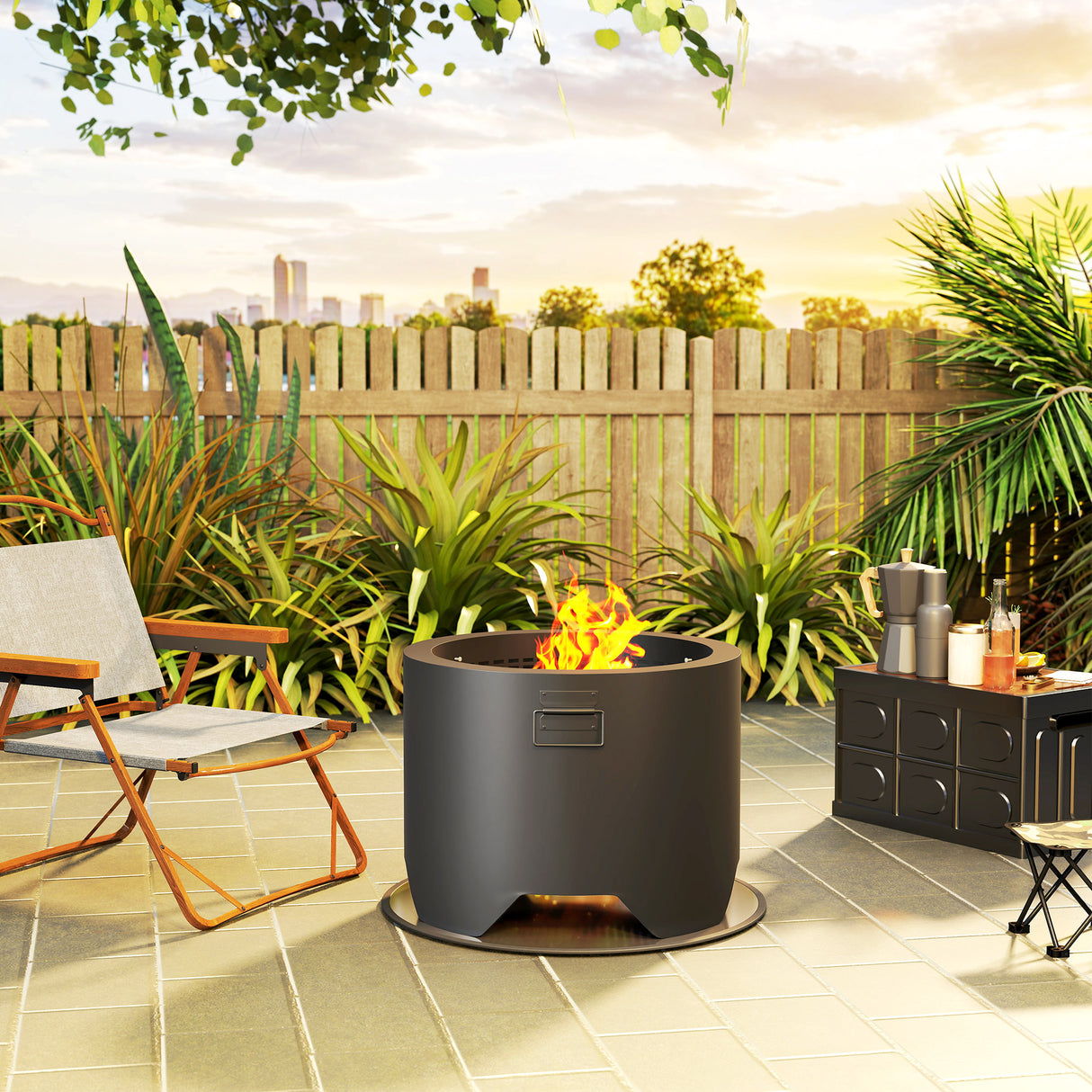 Metal Round Fire Pit With Lid And Fire Poker - Velmora