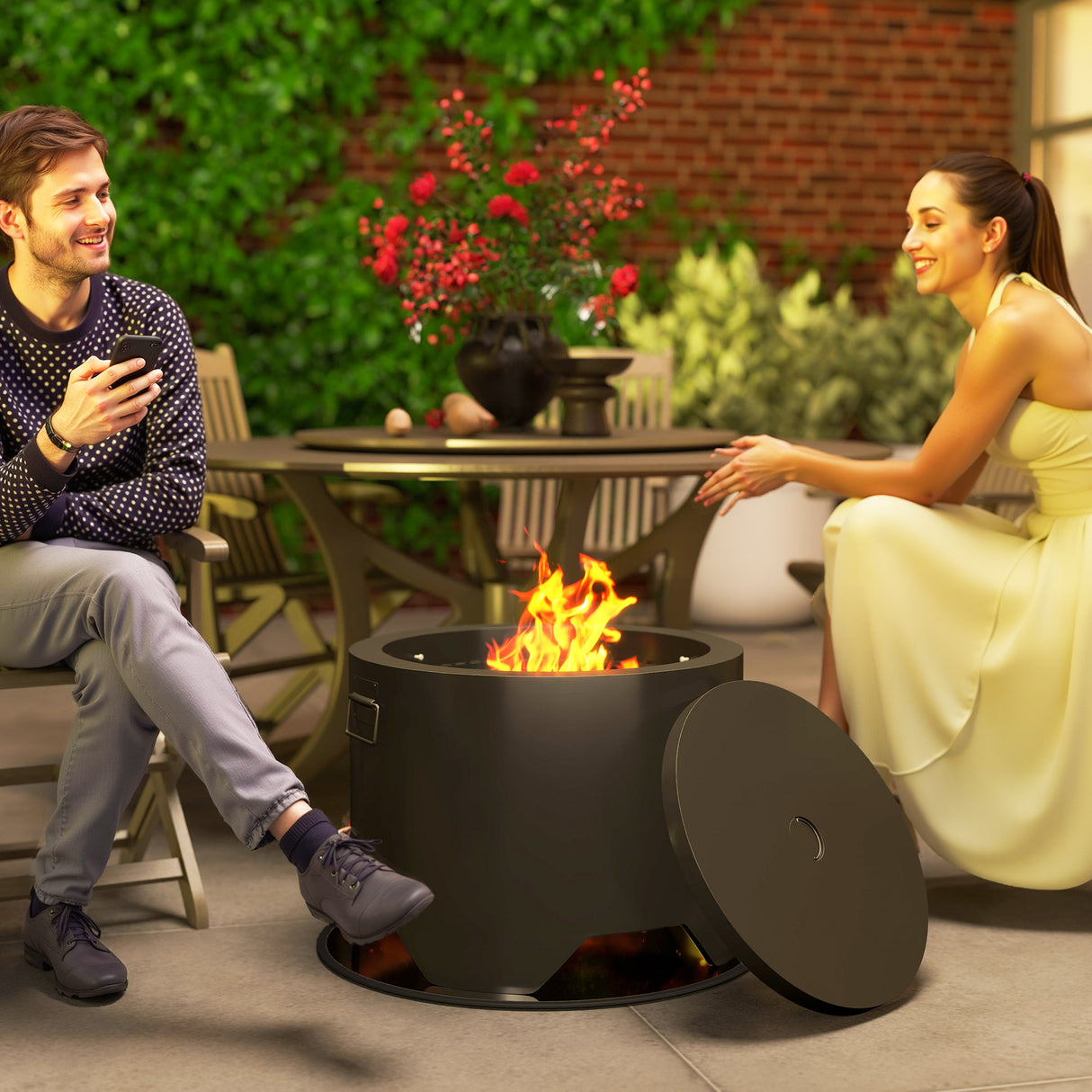 Metal Round Fire Pit With Lid And Fire Poker - Velmora