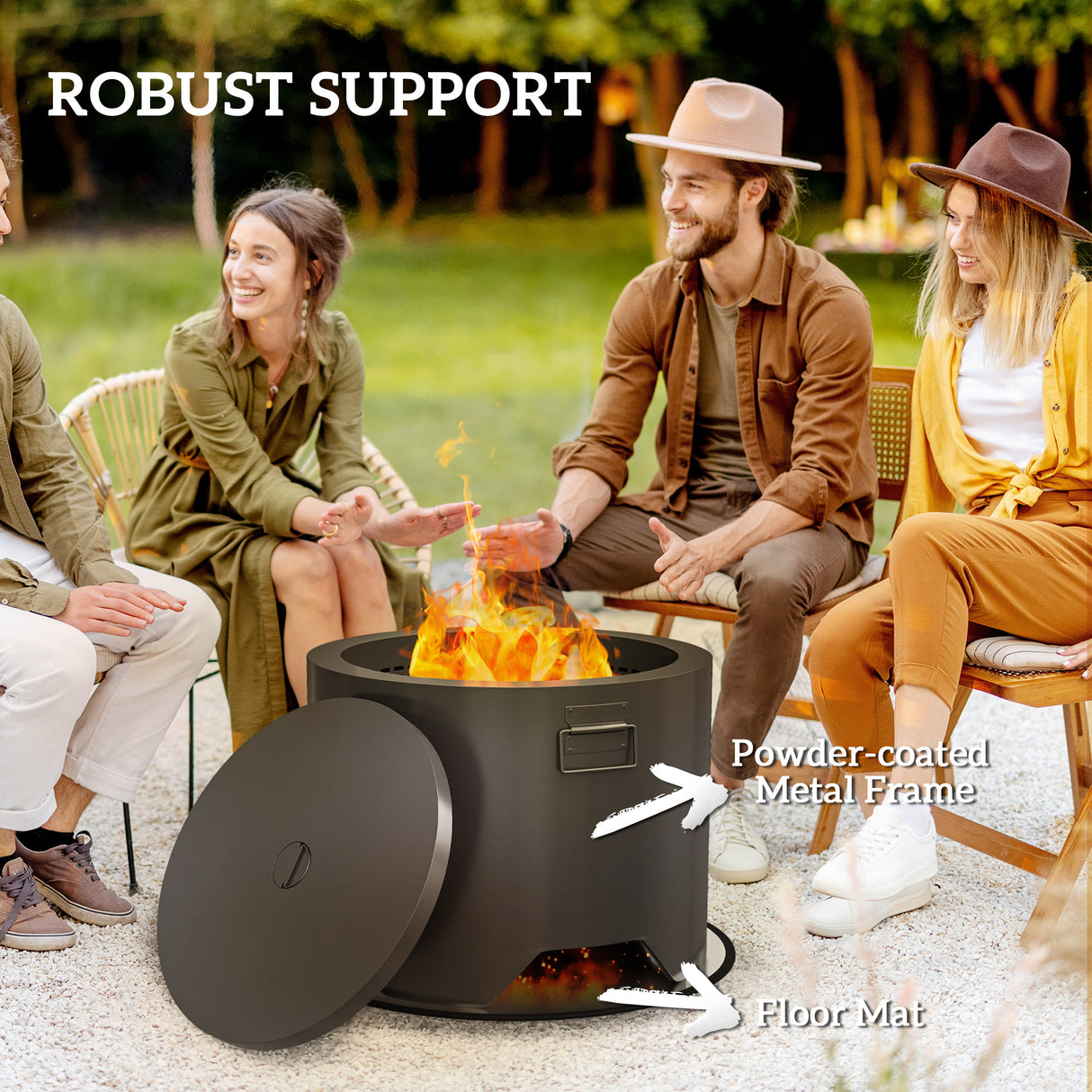 Metal Round Fire Pit With Lid And Fire Poker - Velmora
