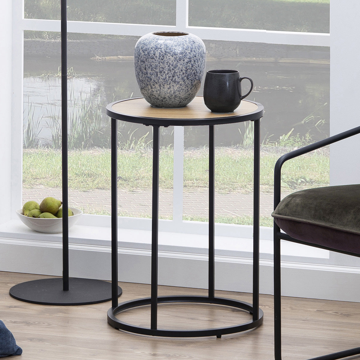 Metal Side Table Round in Black With Wooden Top - Seaford