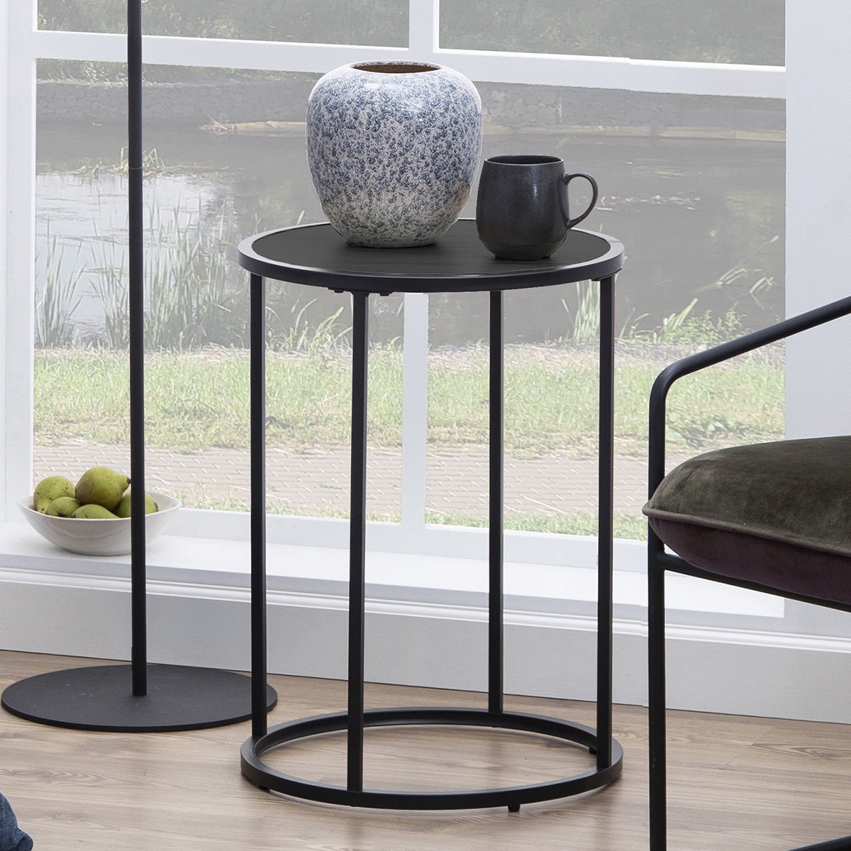 Metal Side Table Round in Black With Wooden Top - Seaford