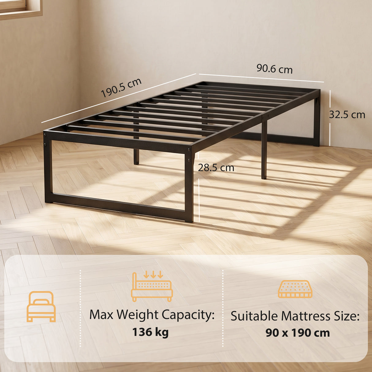Metal Single Bed 90.6cm Wide - Velmora