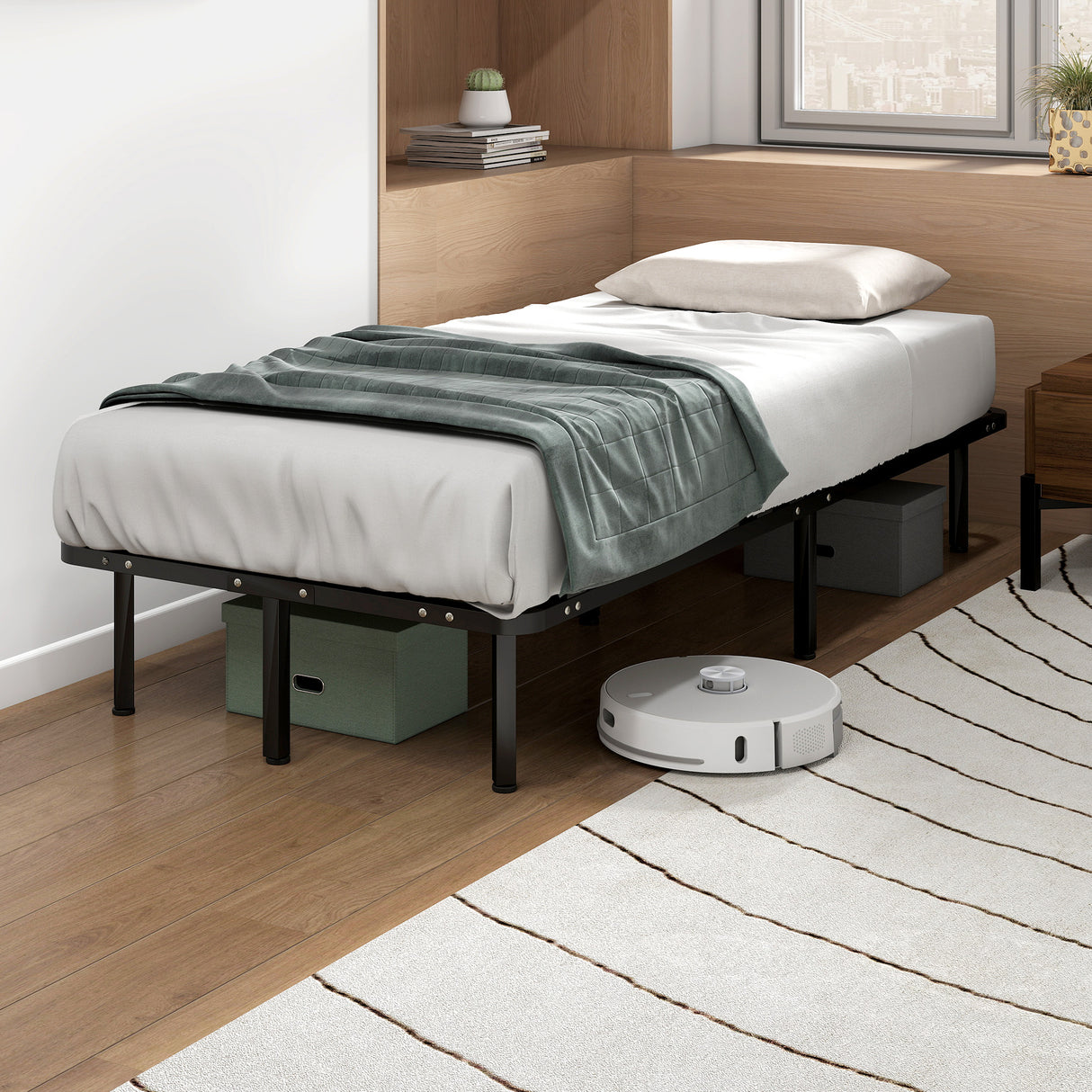 Metal Single Bed 90cm Wide With 28 Wooden Slats - Velmora