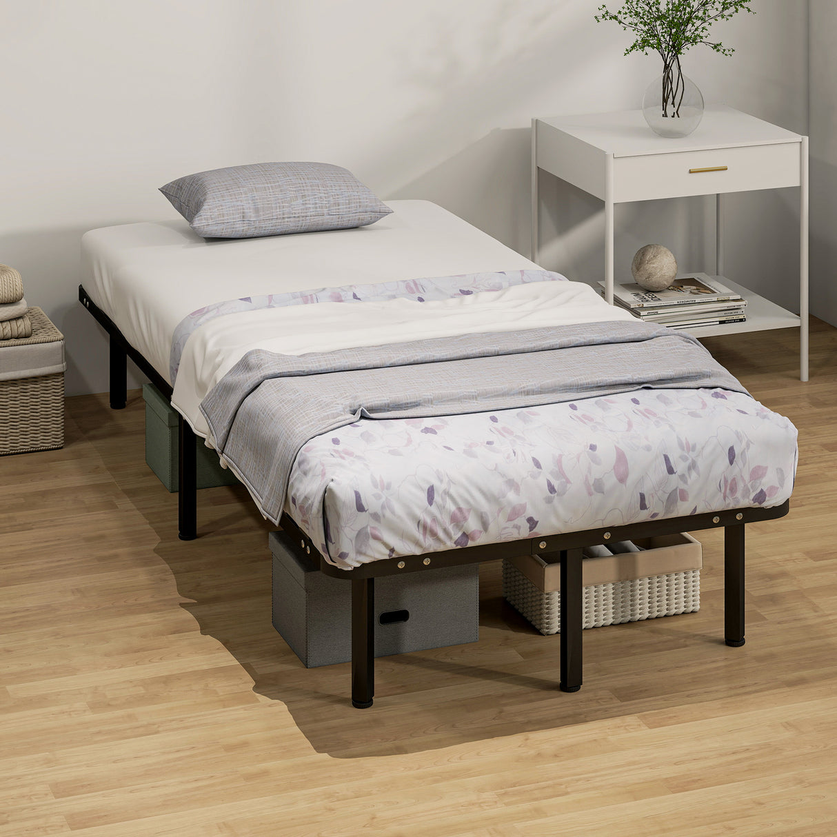 Metal Single Bed 90cm Wide With 28 Wooden Slats - Velmora