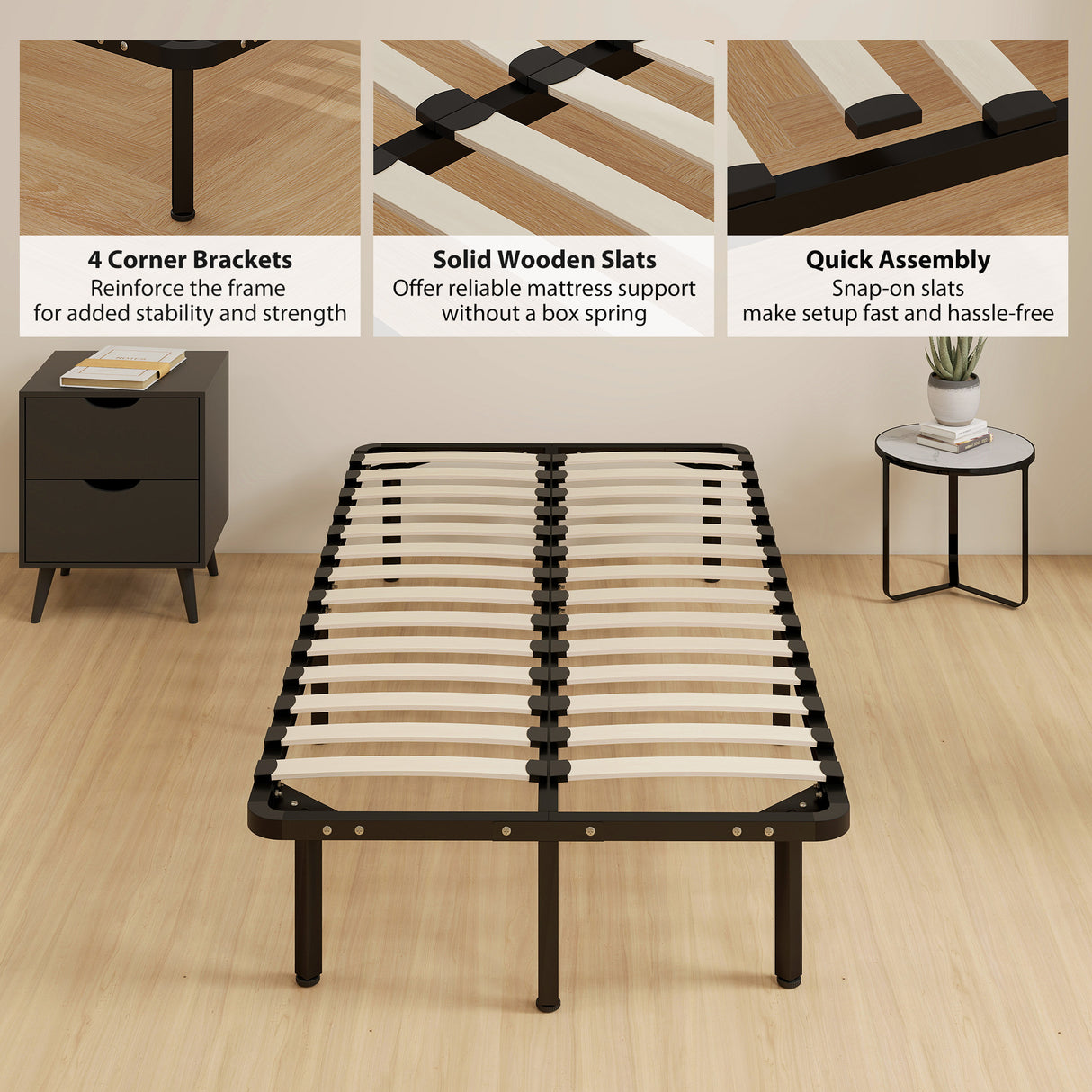 Metal Single Bed 90cm Wide With 28 Wooden Slats - Velmora