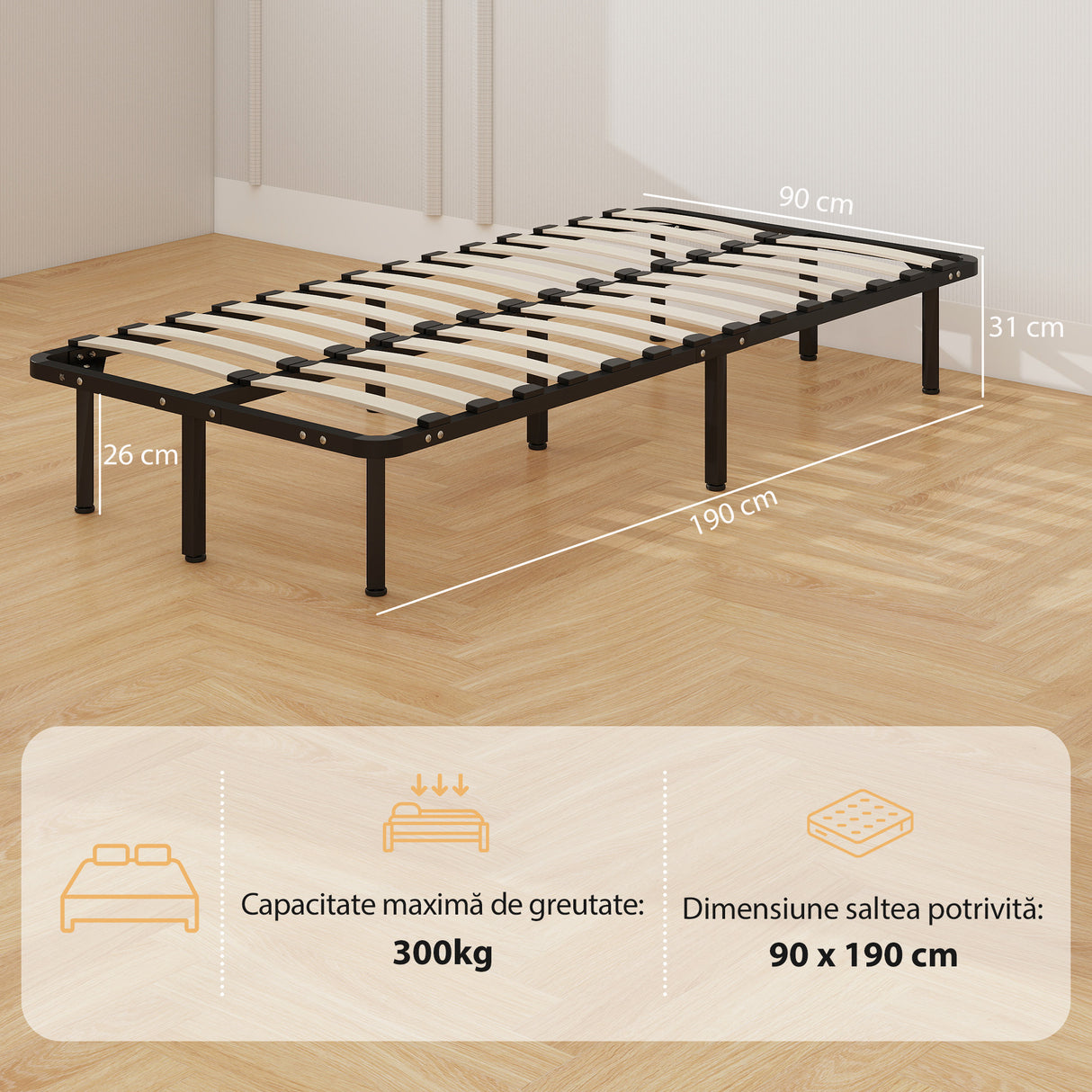 Metal Single Bed 90cm Wide With 28 Wooden Slats - Velmora