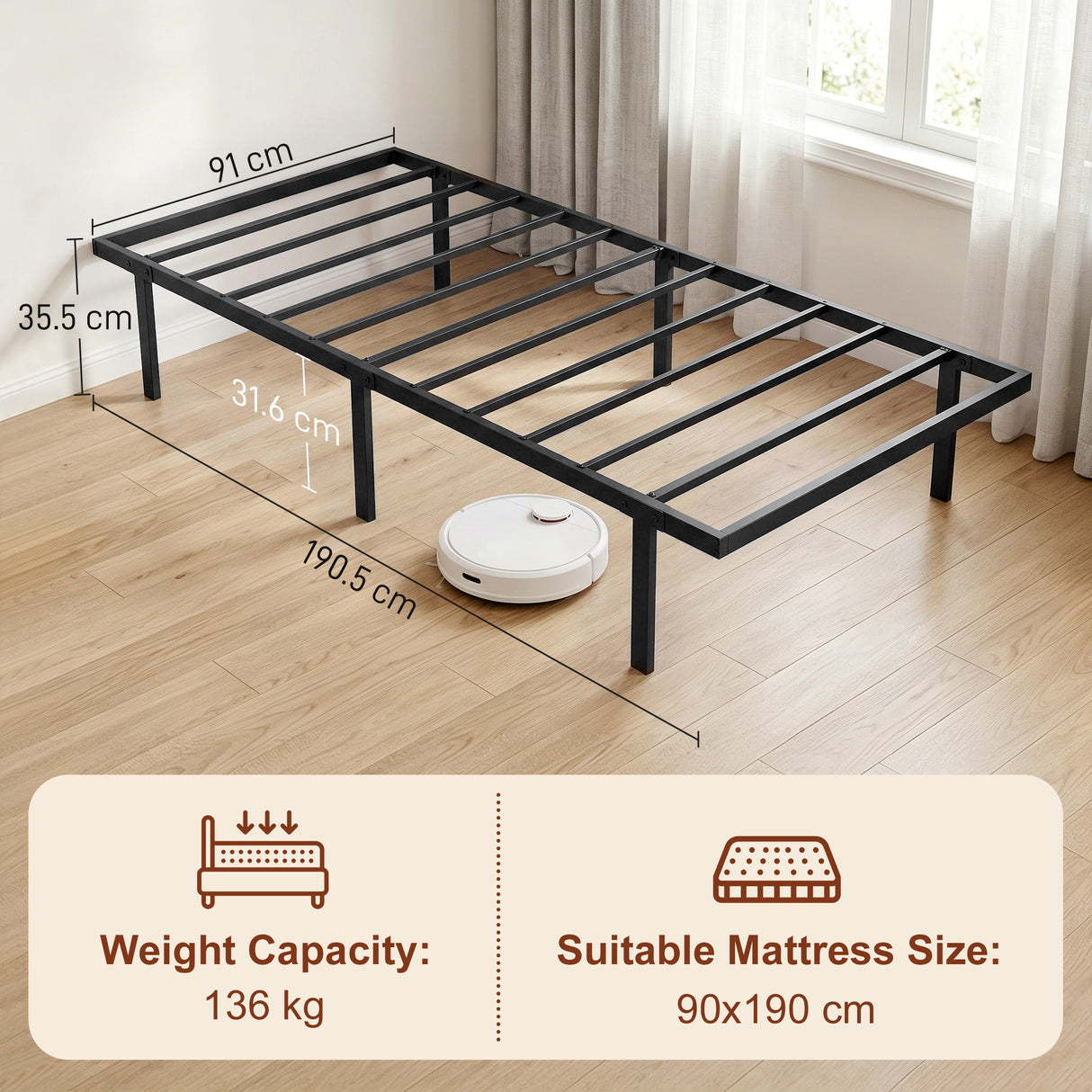 Metal Single Bed 91cm Wide - Velmora