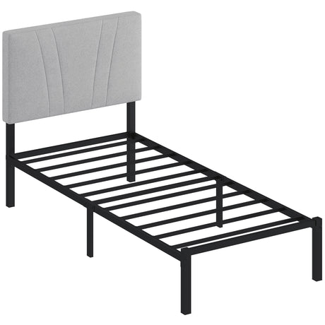 Metal Single Bed 95cm Wide With Faux Linen Fabric Headboard - Velmora