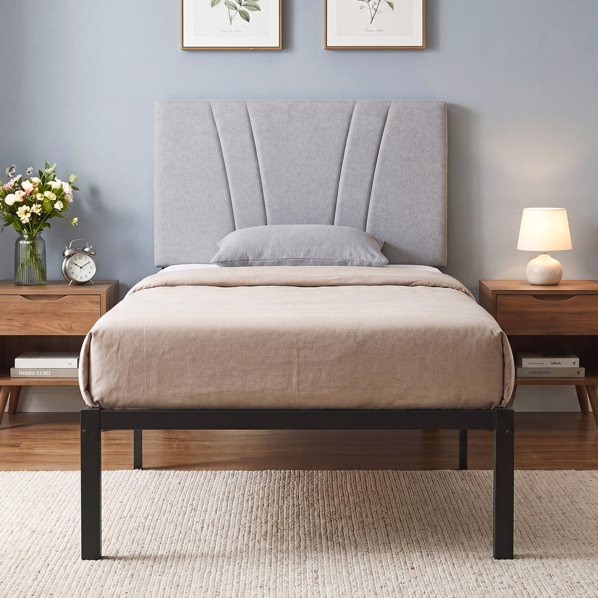 Metal Single Bed 95cm Wide With Faux Linen Fabric Headboard - Velmora