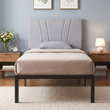 Metal Single Bed 95cm Wide With Faux Linen Fabric Headboard - Velmora