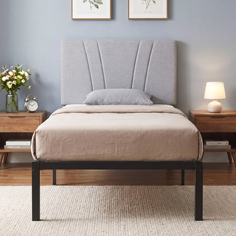 Metal Single Bed 95cm Wide With Faux Linen Fabric Headboard - Velmora