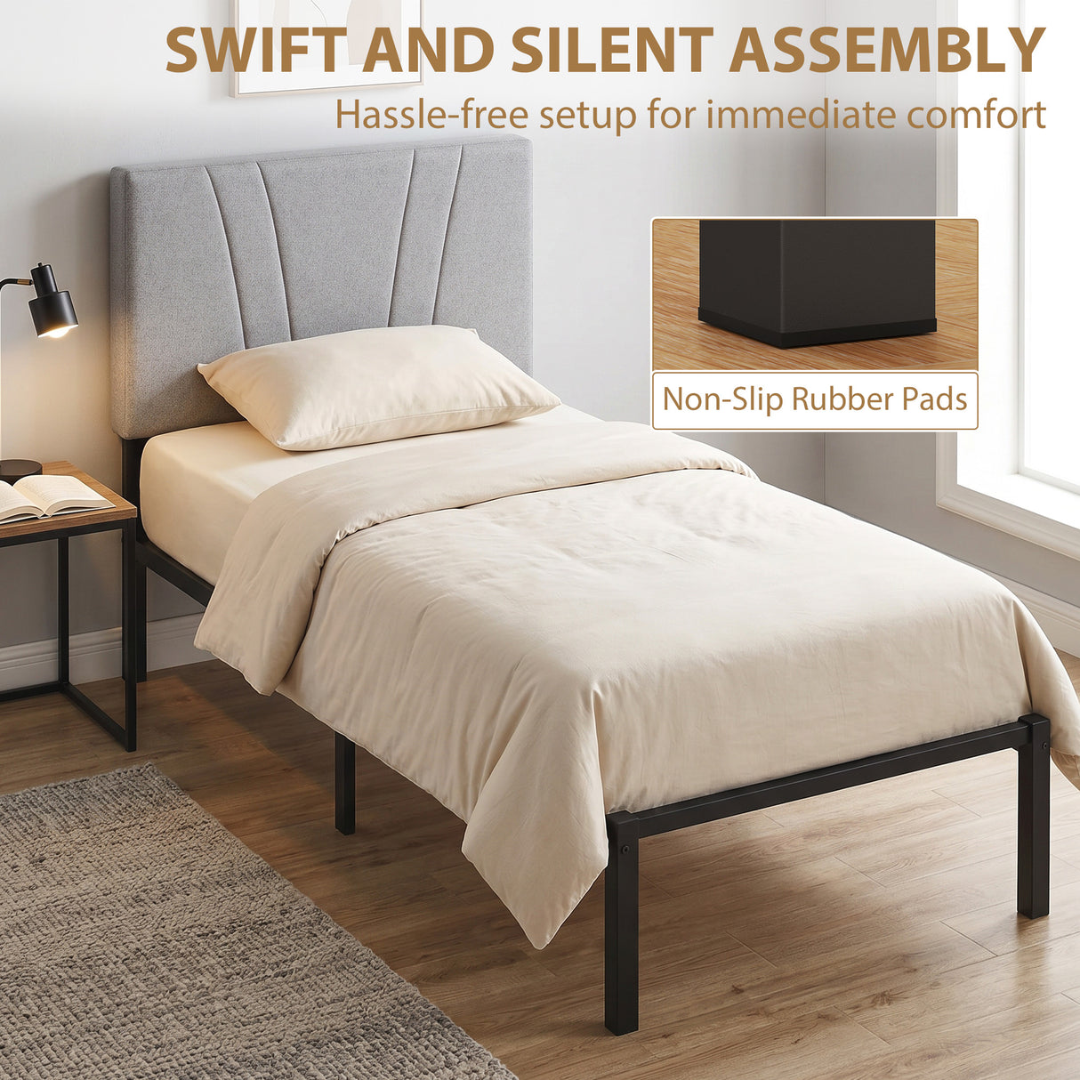Metal Single Bed 95cm Wide With Faux Linen Fabric Headboard - Velmora