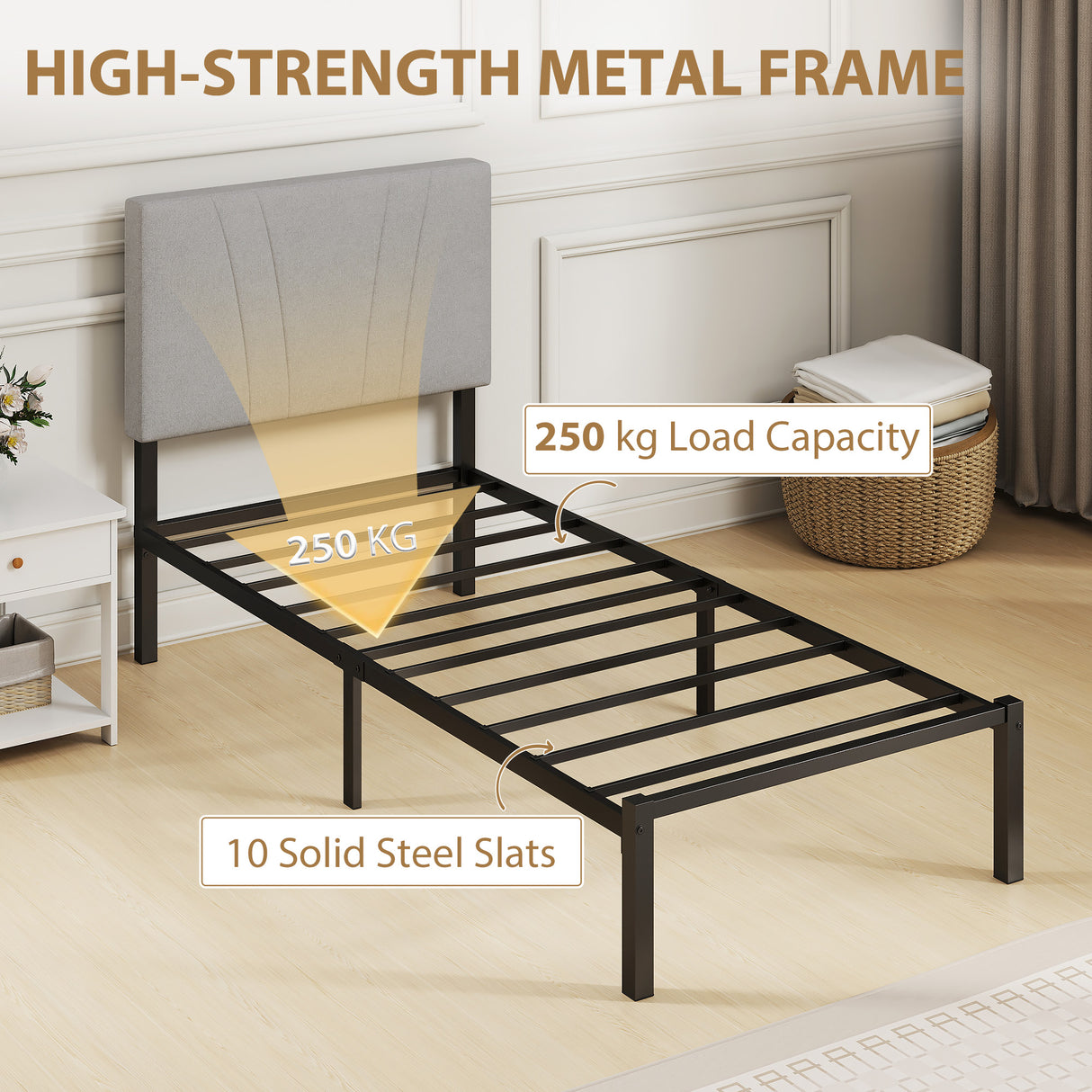 Metal Single Bed 95cm Wide With Faux Linen Fabric Headboard - Velmora
