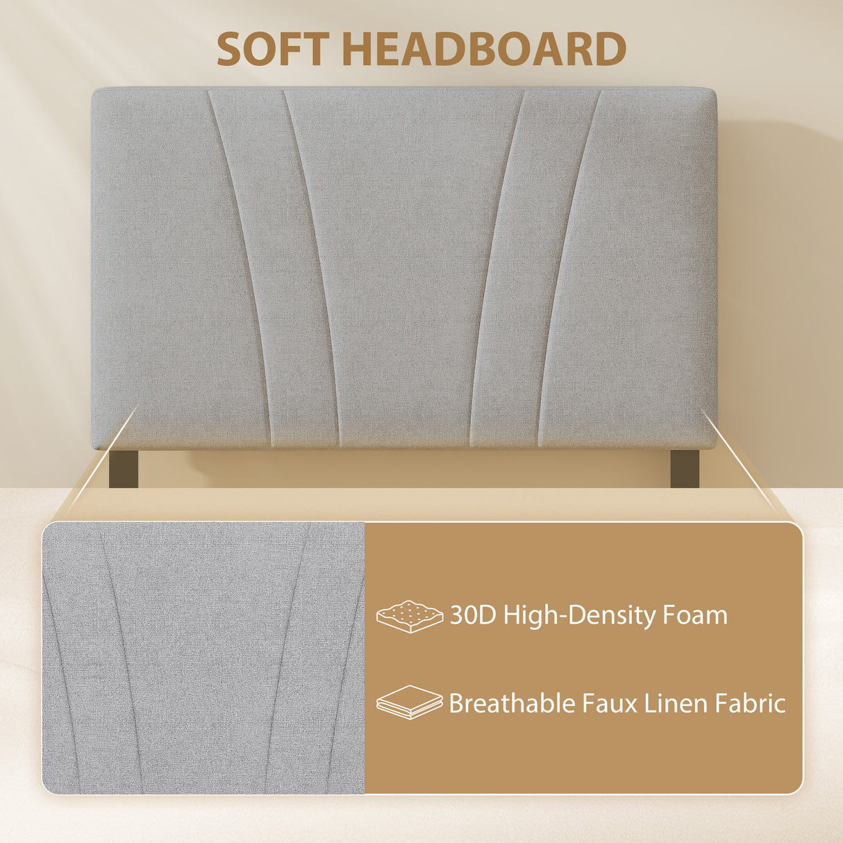 Metal Single Bed 95cm Wide With Faux Linen Fabric Headboard - Velmora