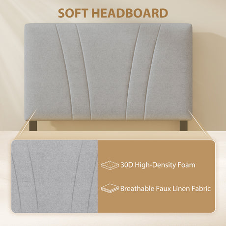 Metal Single Bed 95cm Wide With Faux Linen Fabric Headboard - Velmora
