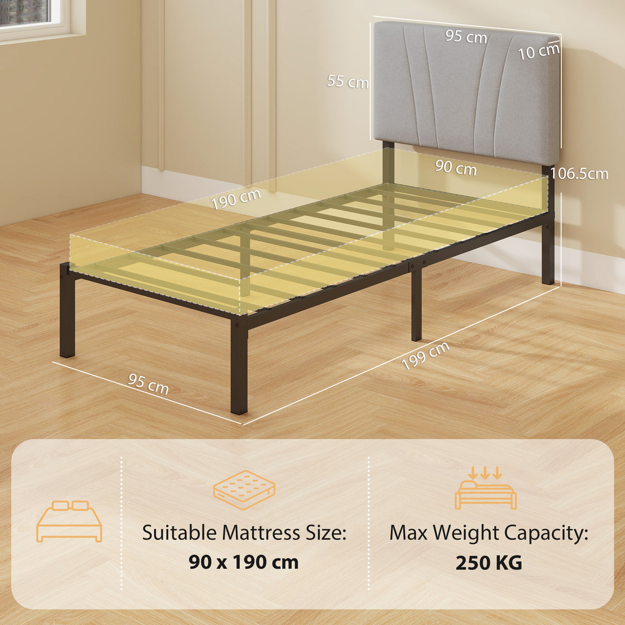Metal Single Bed 95cm Wide With Faux Linen Fabric Headboard - Velmora