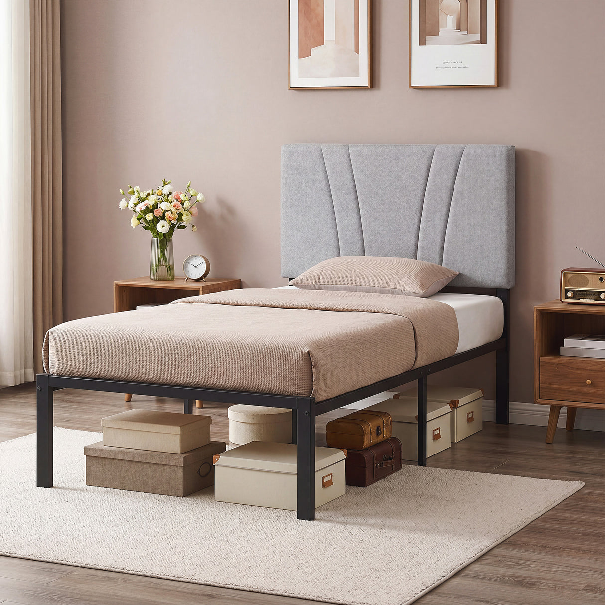 Metal Single Bed 95cm Wide With Faux Linen Fabric Headboard - Velmora